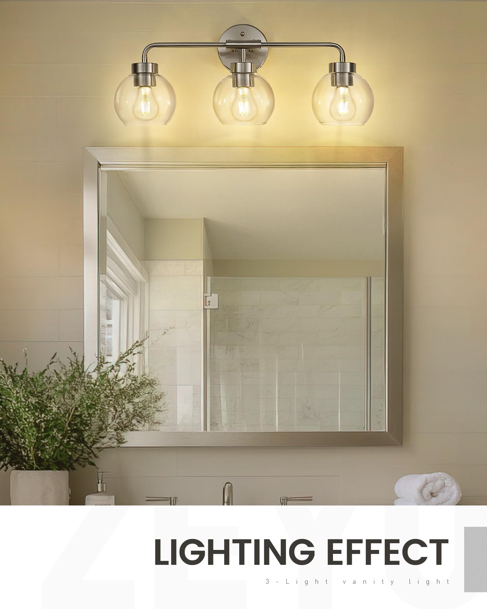 Zeyu 23 Inch Bathroom Wall Light Fixtures  3-Light Vanity Lighting Fixture  Brushed Nickel Finish With Clear Glass Globe Shade  Zs62Bg-3W Bn