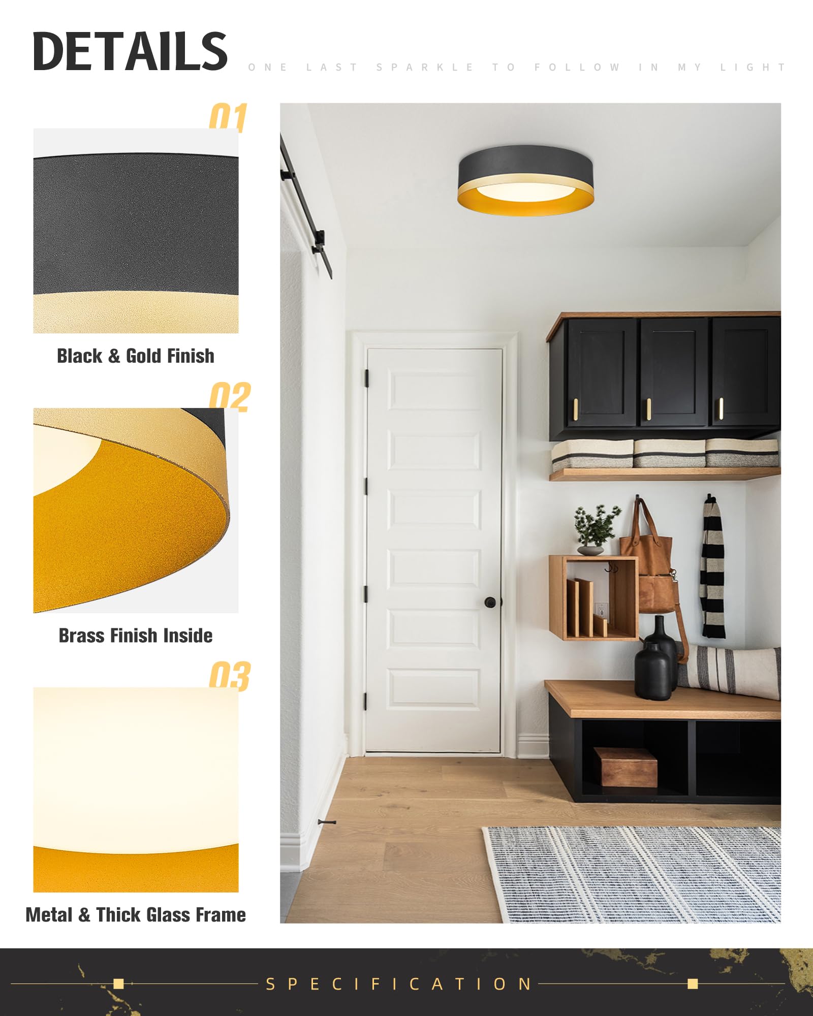 Autelo Black Flush Mount Ceiling Light, 14" Led Ceiling Light, 3Cct Light Fixtures Ceiling Mount With Frosted Glass In Black And Gold Metal Finish, Ceiling Light Fixture For Bedroom, C3337Xs Bk Led