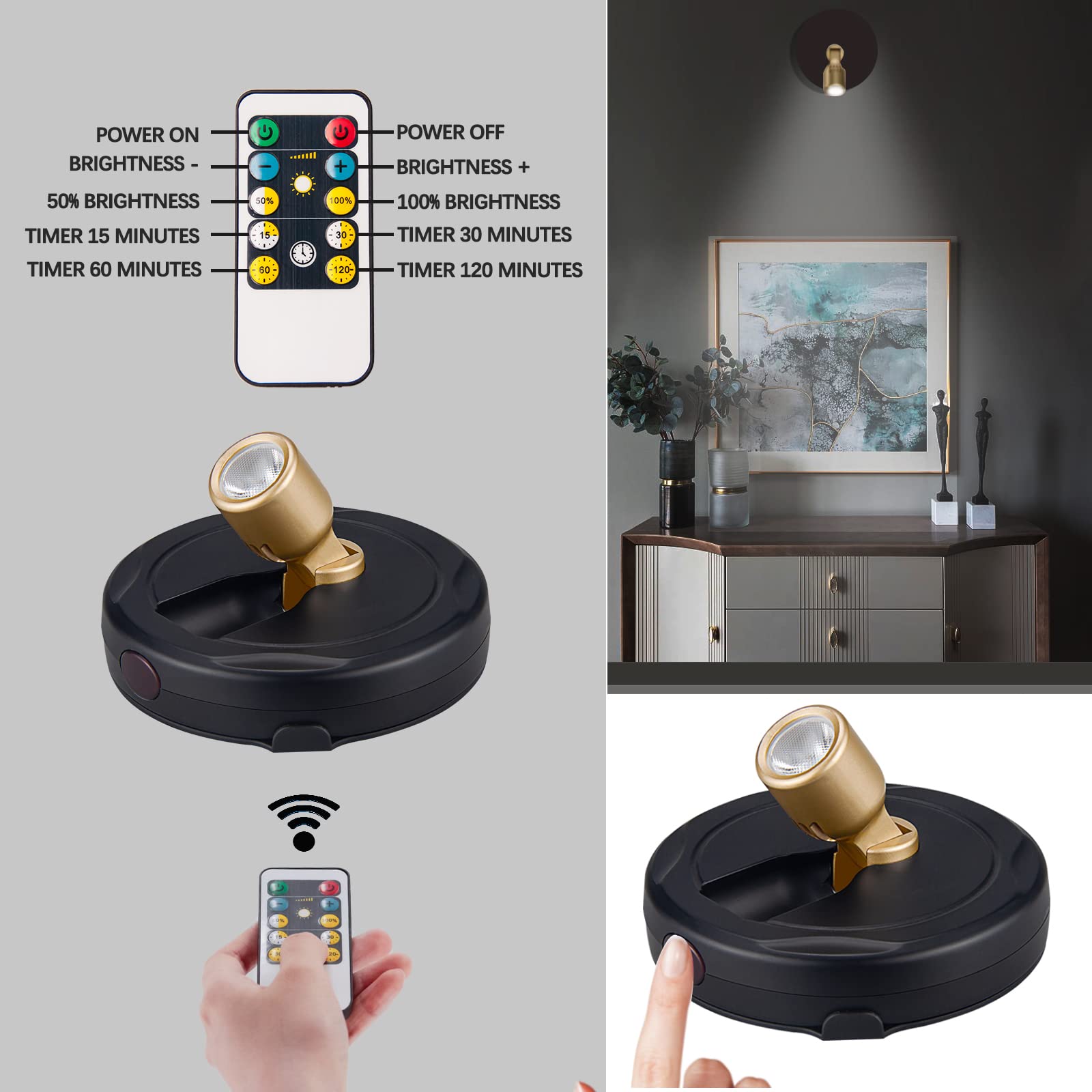 Bergustch Battery Powered Led Spotlight, Wall Picture Light, Indoor Uplighting, Puck Lights With Remote, Picture Frame Lights, D