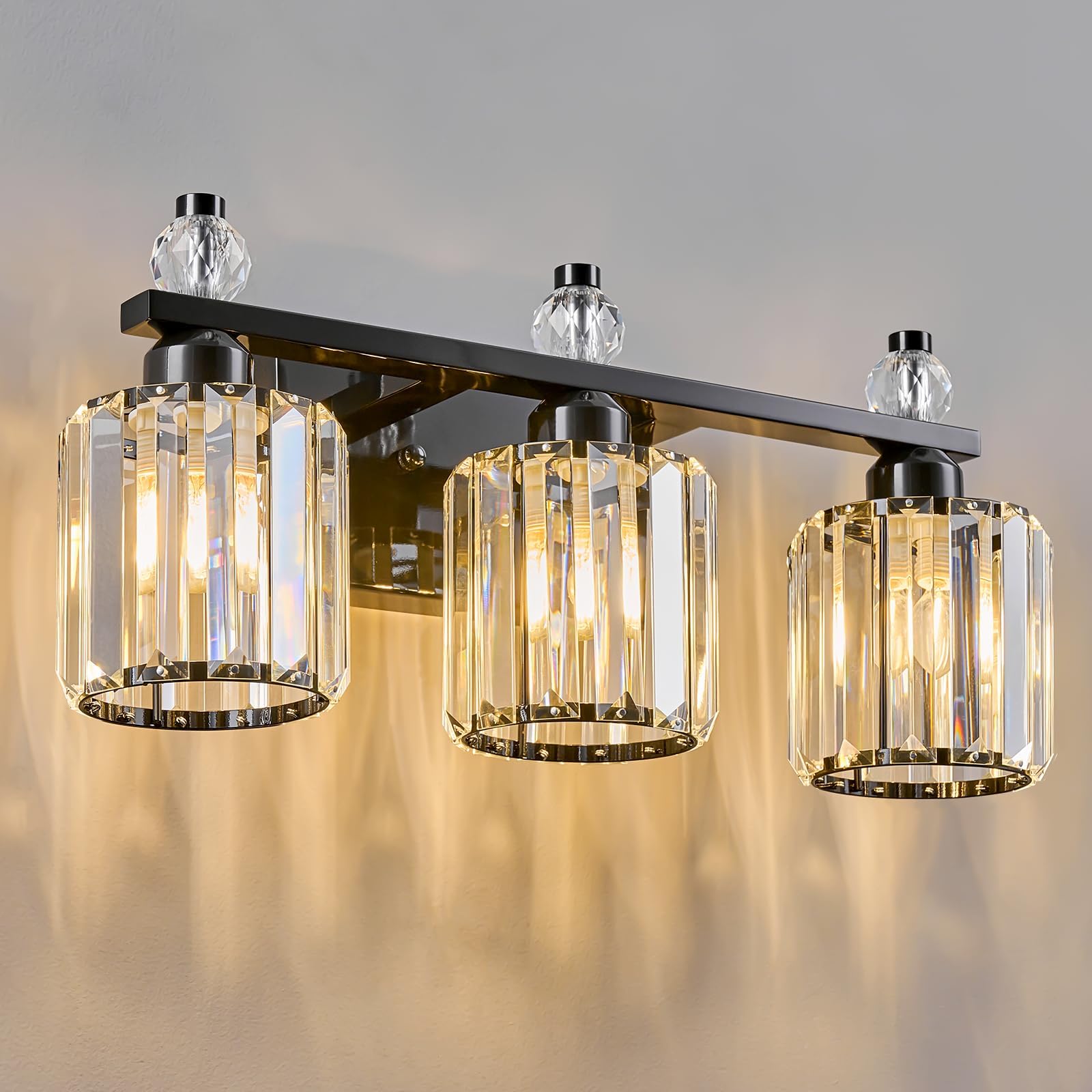 FDPBY 3-Light Bathroom Vanity Light Fixtures, Plating Black, Modern Crystal, Model 291, Over Mirror Lighting