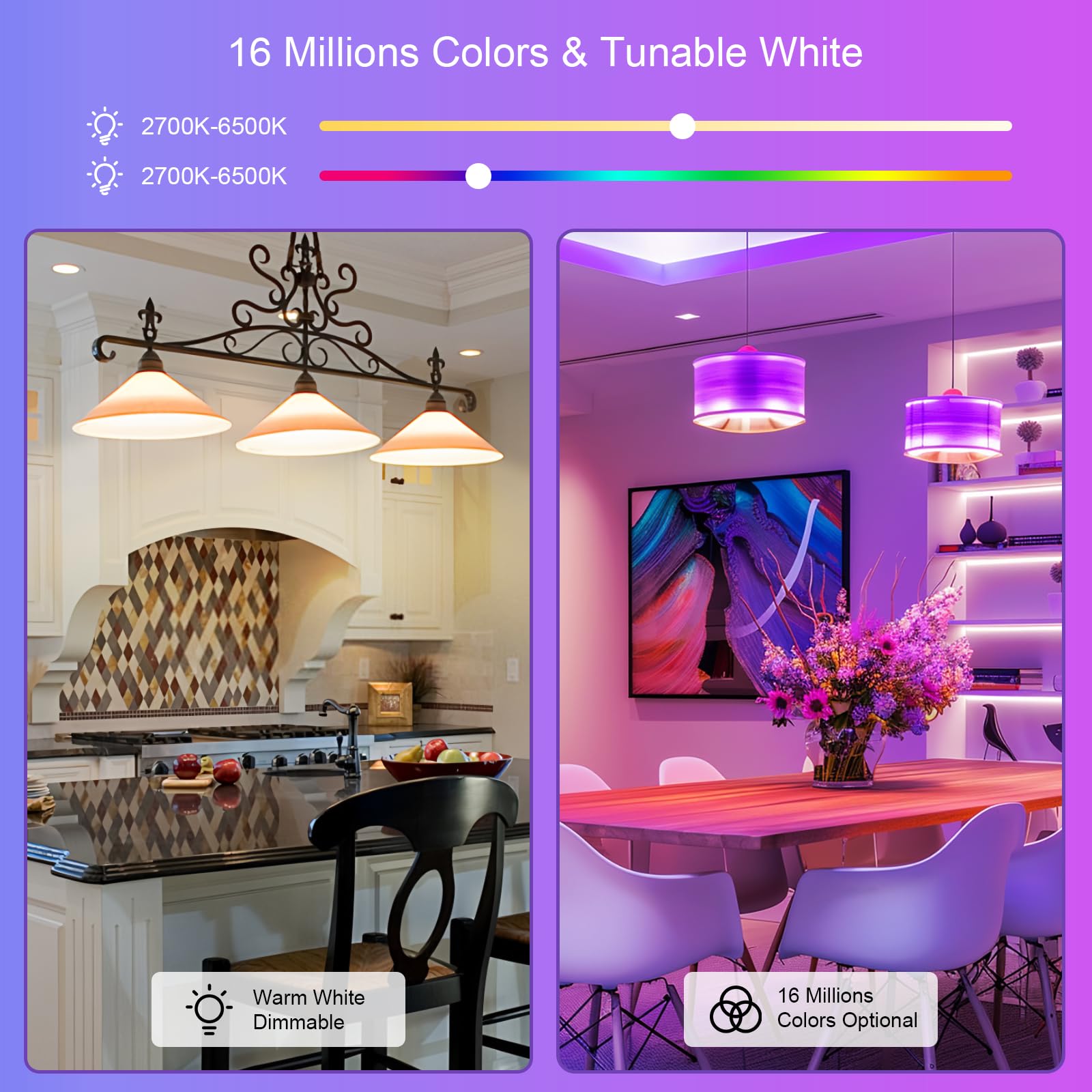 FRIDEKO HOME Smart LED Light Bulbs 2 Pack, Color Changing, Wi-Fi & Bluetooth, Dimmable 9W A19 E26, Compatible with Alexa & Google Assistant