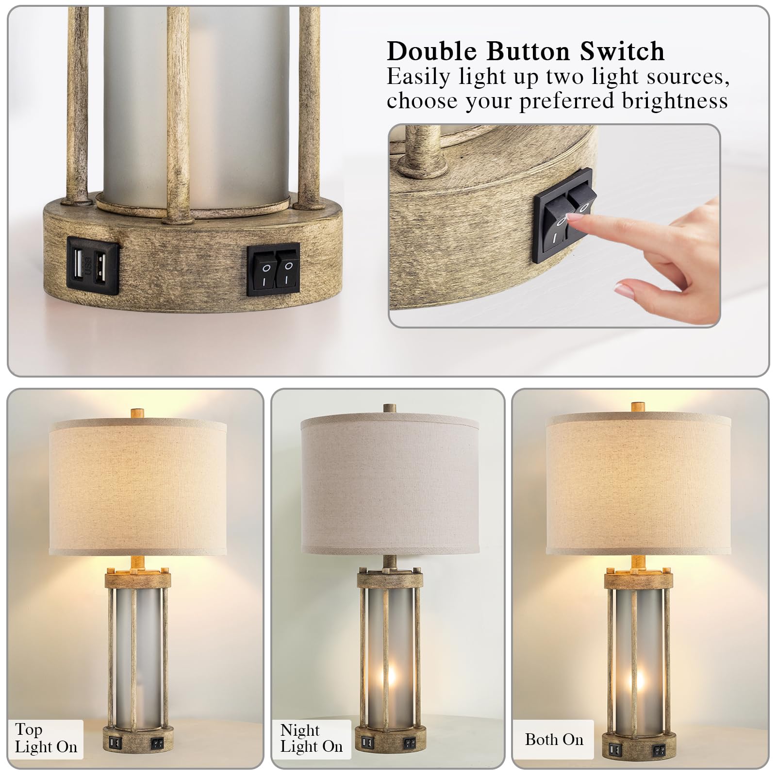 Farmhouse Table Lamps Set Of 2 For Living Room, Vintage Bedroom Nightstand Lamp With Dual Usb Ports, Bedside Lamp With Frosted G