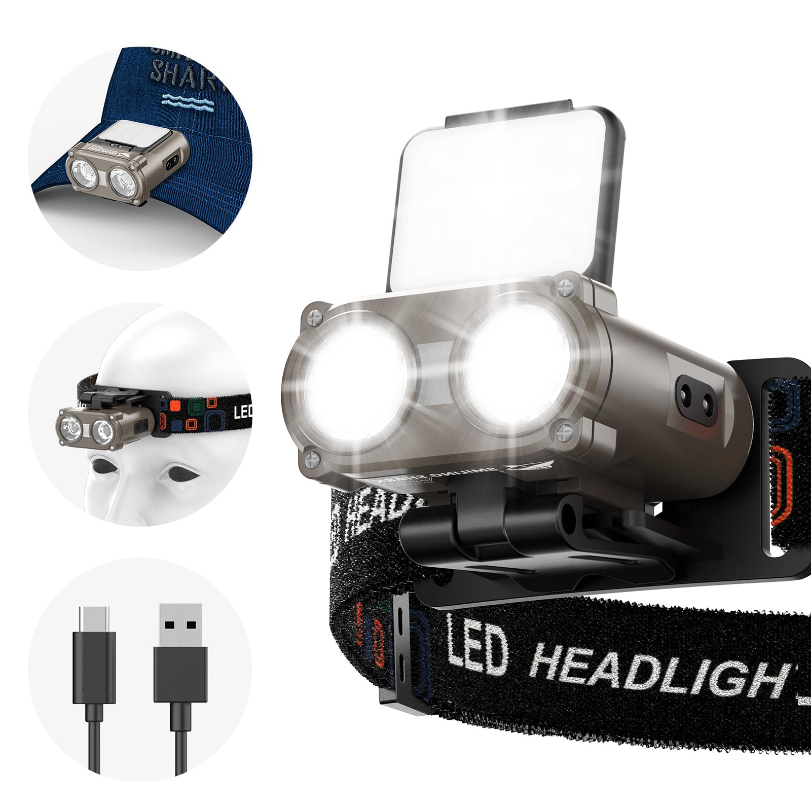 Smiling Shark Led Clip On Cap Light, Headlamp Usb Rechargeable Waterproof With 2Type White And Red Light Compact&Portable With Motion Sensor For Camping Running Fishing, Led-Cap-Light-Hat-Rechargeable