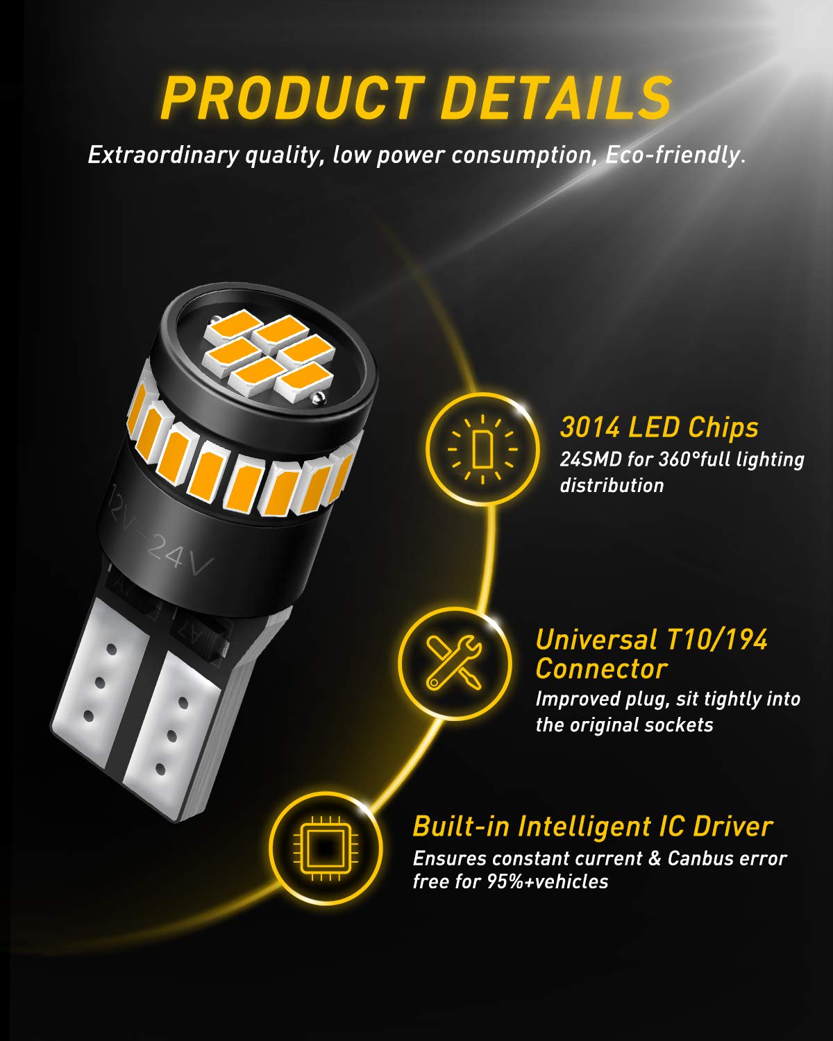 AUXITO 194 LED Light Kit, Amber Yellow, 24-SMD 3014, T10 Wedge, Pack of 10, Error-Free Replacement for Car Lights