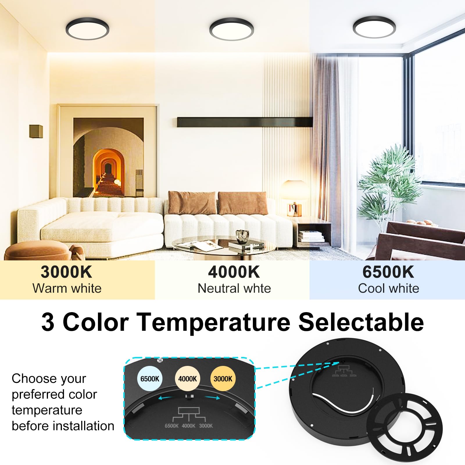 Libtit Black Flush Mount Ceiling Light, 15W 1500Lm Thin Flat Led Lighting Fixture For Ceiling, 3000K-4000K-6500K & 7 Inch Modern