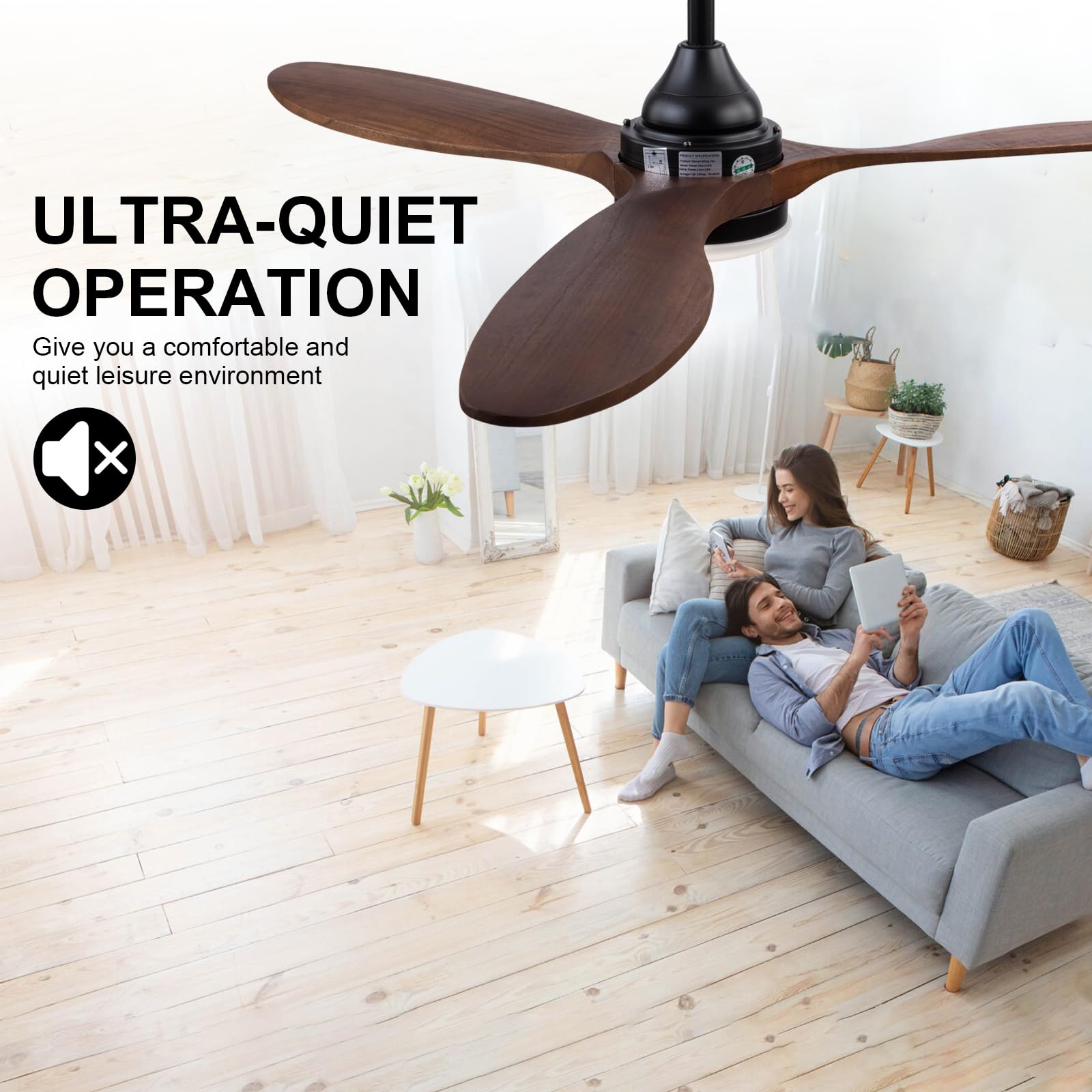 BOJUE 52 inch Ceiling Fan with Light, Dimmable LED, Walnut Wood Blades, Modern Indoor/Outdoor Ceiling Fan for Living Room and Patio