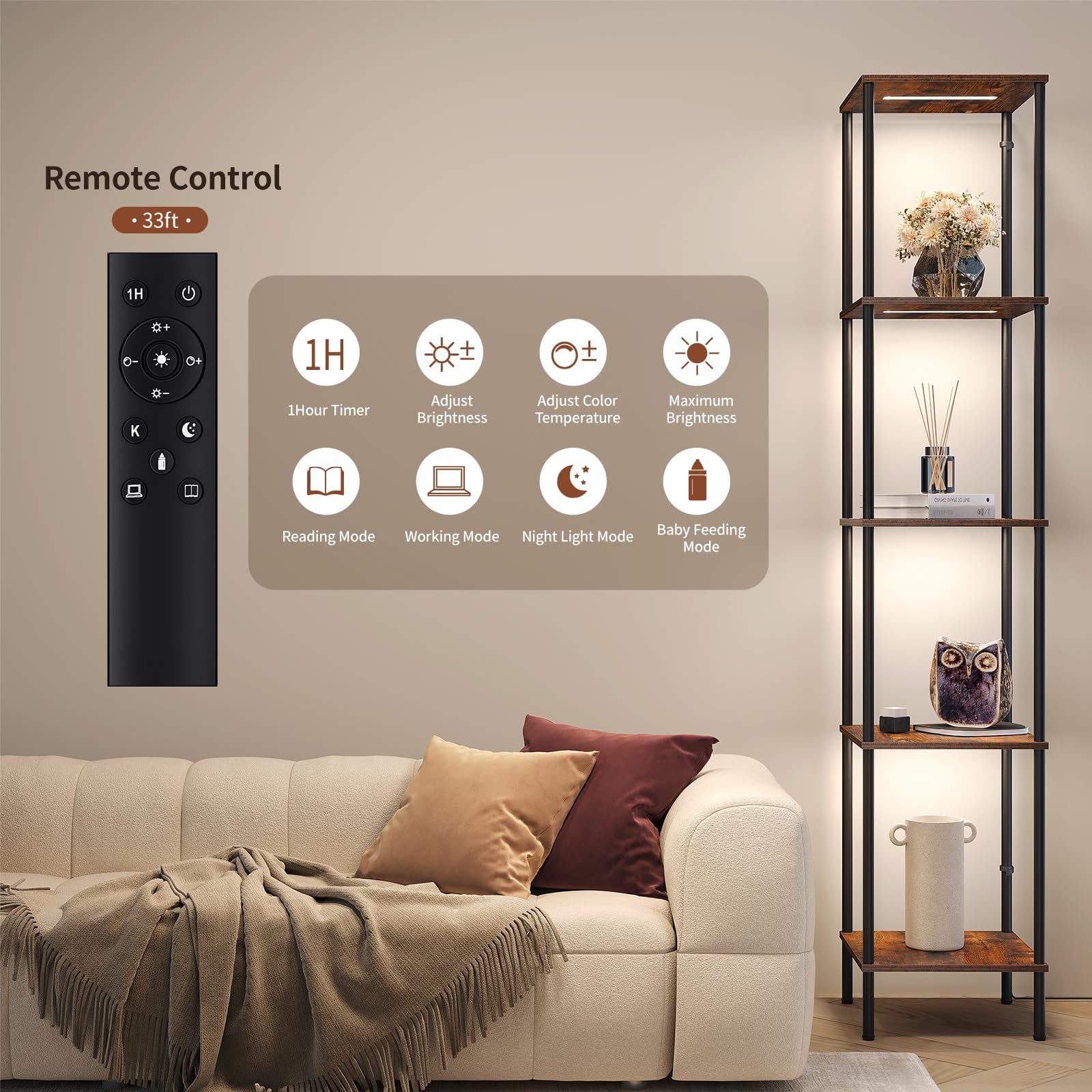 SUNMORY 5 Tier Display Shelf with LED Light, Dimmable Floor Lamp, Rustic Brown, 11.4"x11.4"x64", App & Remote Control, Model F000830