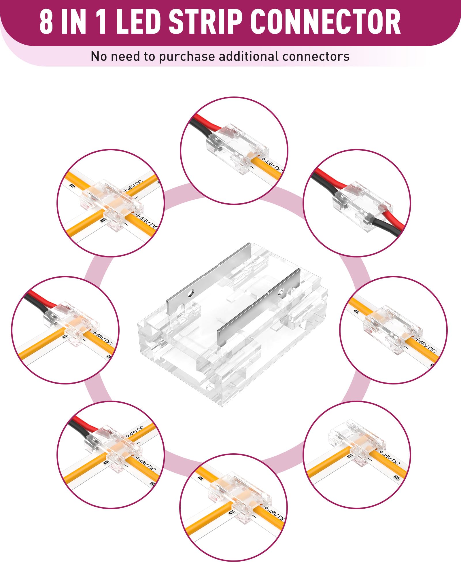 Emitever 8-In-1 Led Strip Connectors 12Pcs, 2 Pin 10Mm Cob Tape Lights Terminal Connectors 8 Types Solderless Transparent Connec