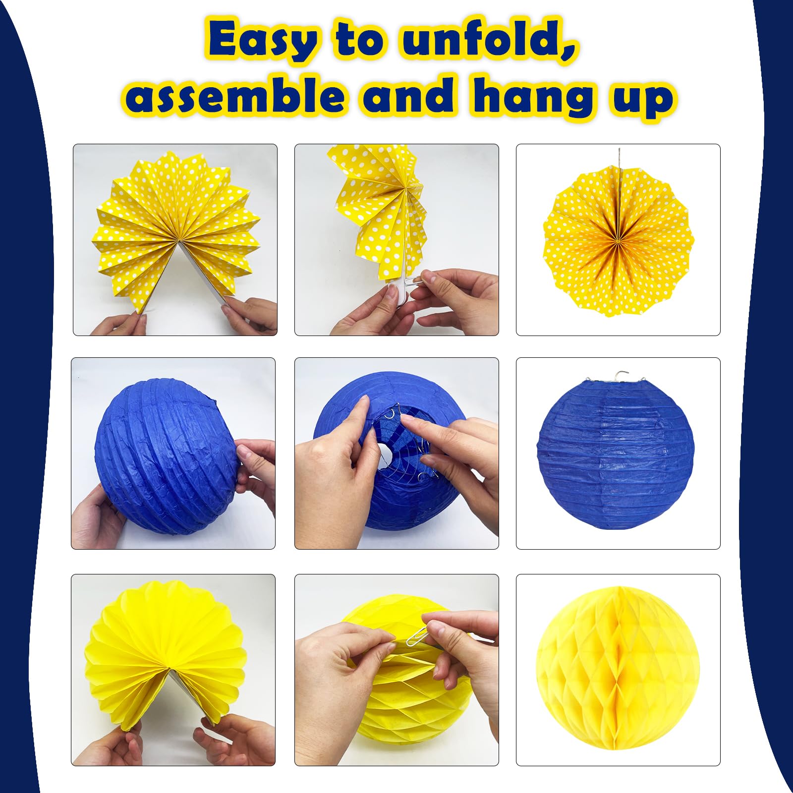 Peywot 16Pcs Hanging Honeycomb Paper Fans & Lanterns, Blue and Yellow, Graduation/Birthday/Wedding Decor