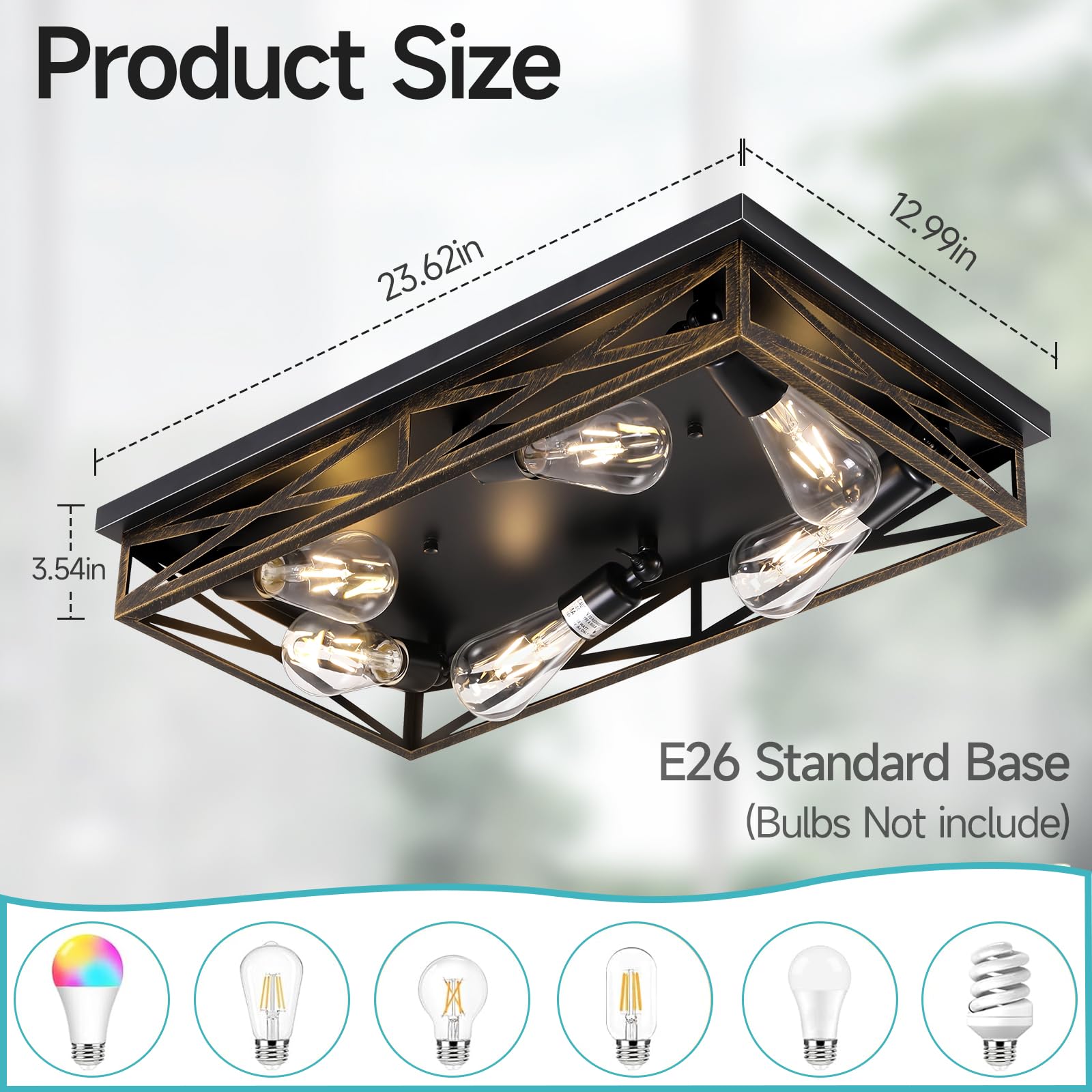 DIKAIDA 6-Light Rustic Black Ceiling Light Fixture, Industrial Metal Cage, Flush Mount, 23in for Kitchen, Hallway, 1 Pack