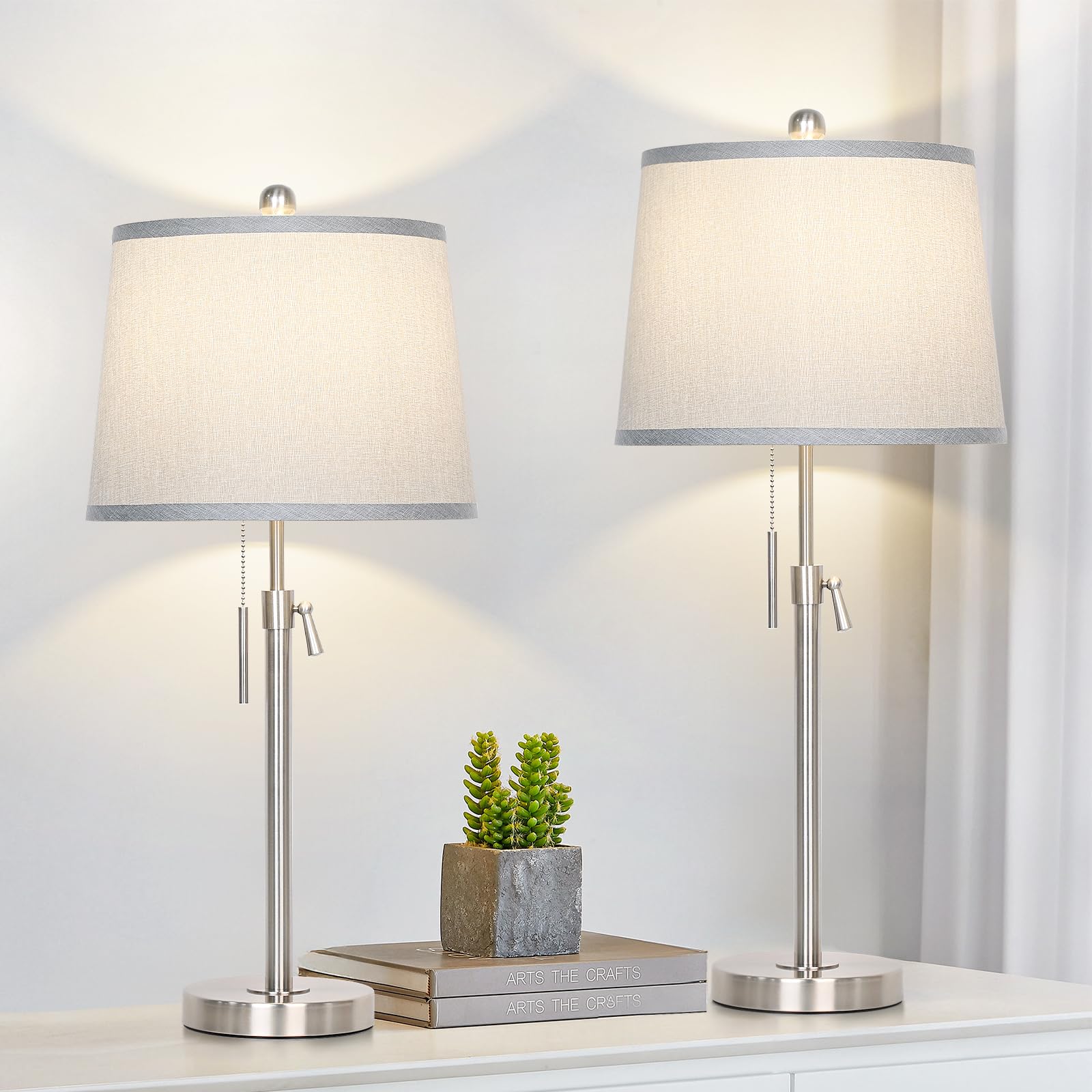 JUNNAI Table Lamps Set of 2, Bedside Lamp Silver Tall Table Lamps for Living Room End Tables, 22'' to 30'' Adjustable Height Lam