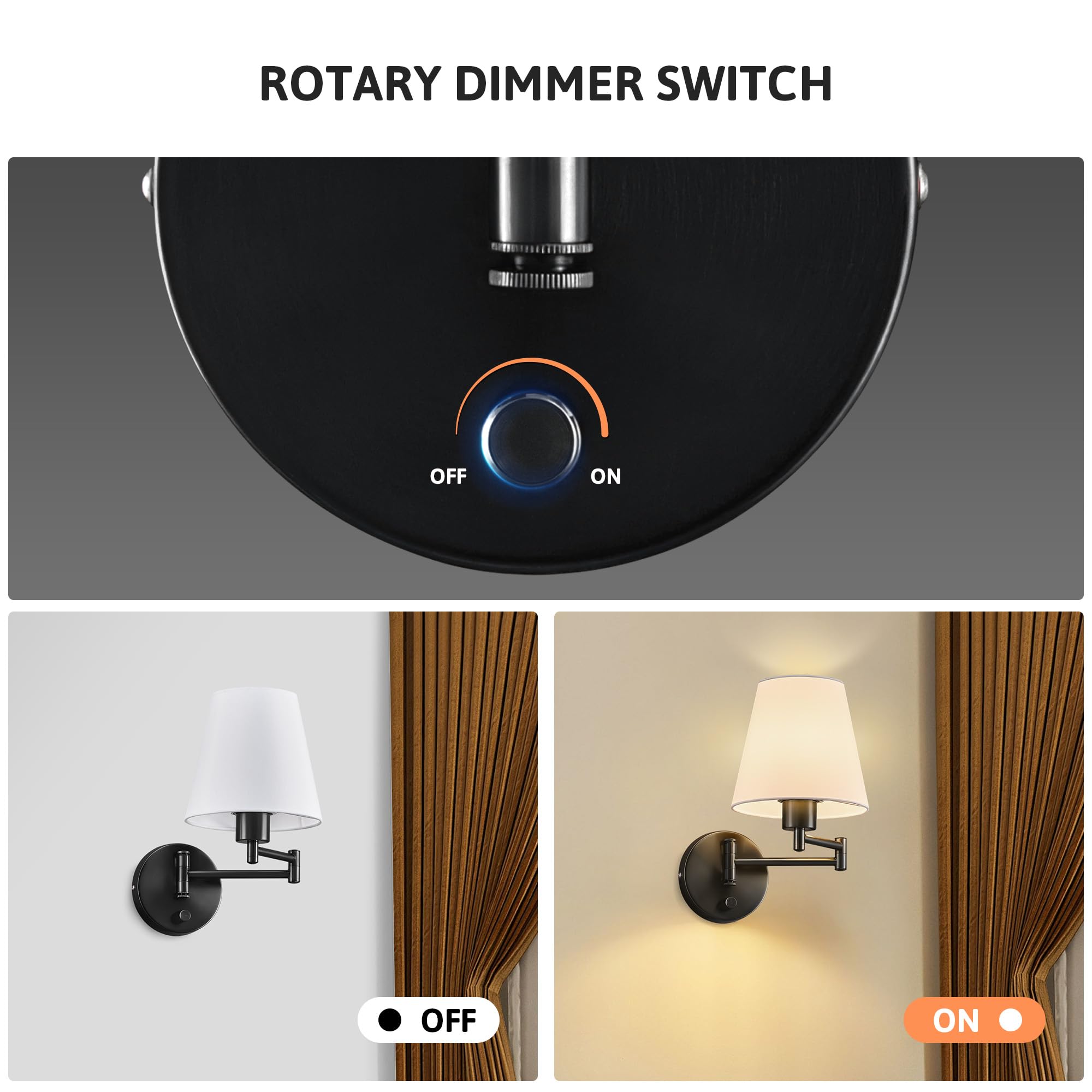 VONLUCE Wall Sconce Set of 2, Adjustable Swing Arm Lamps, Fabric Shade, Black