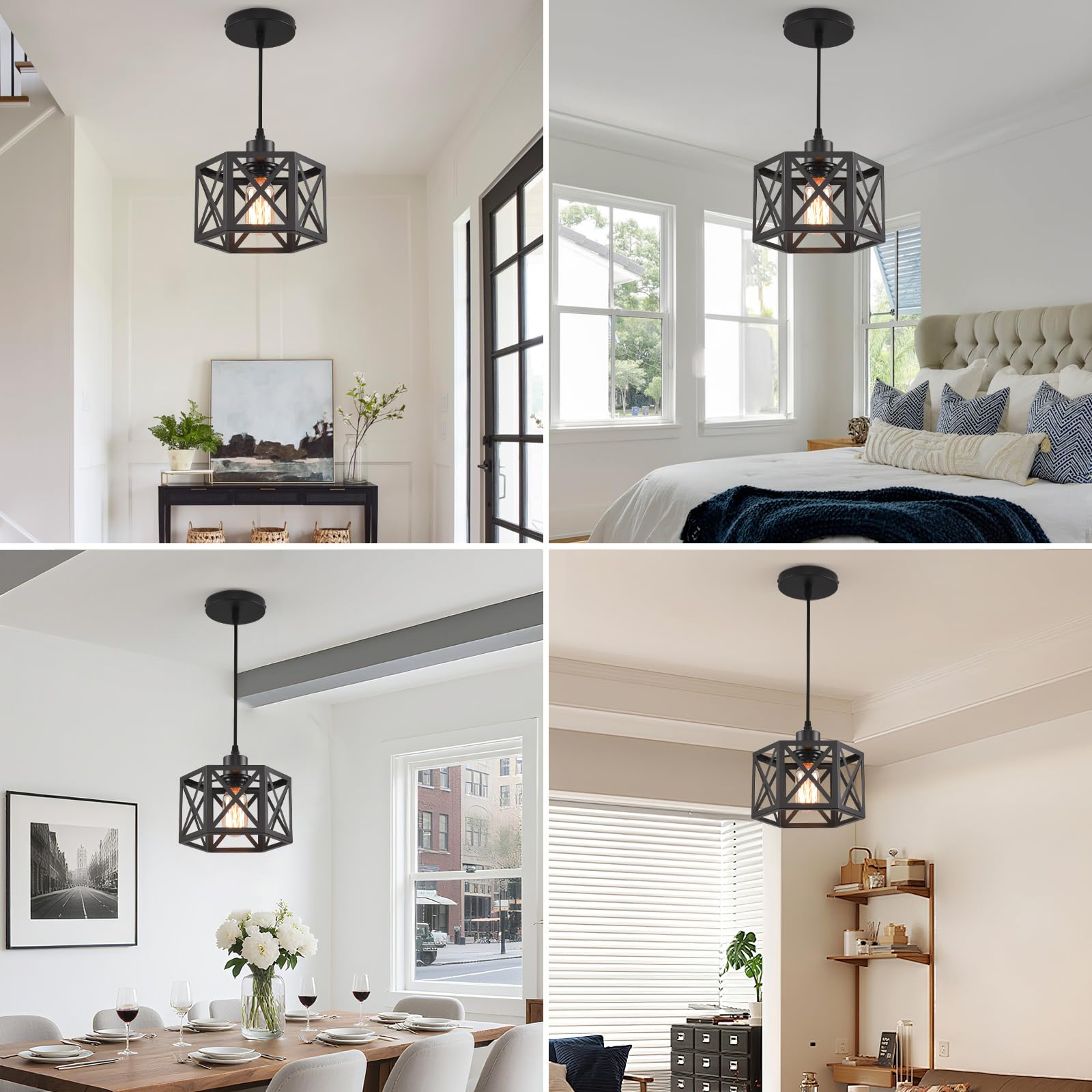 CAFULAM Farmhouse Pendant Light Fixture - 2 Light, Metal, Adjustable Height, Black Hexagon Lantern for Kitchen Island