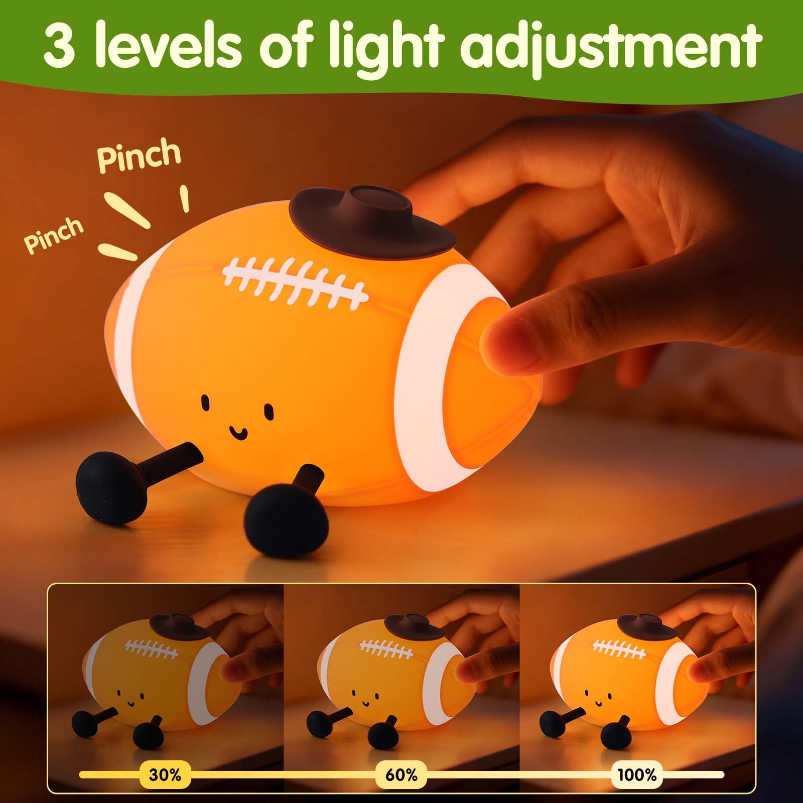 YISUN Football Night Light, Rechargeable Silicone Nursery Lamp, 5.1" Orange Rugby Decor for Kids Room, Model DH-BFLD27