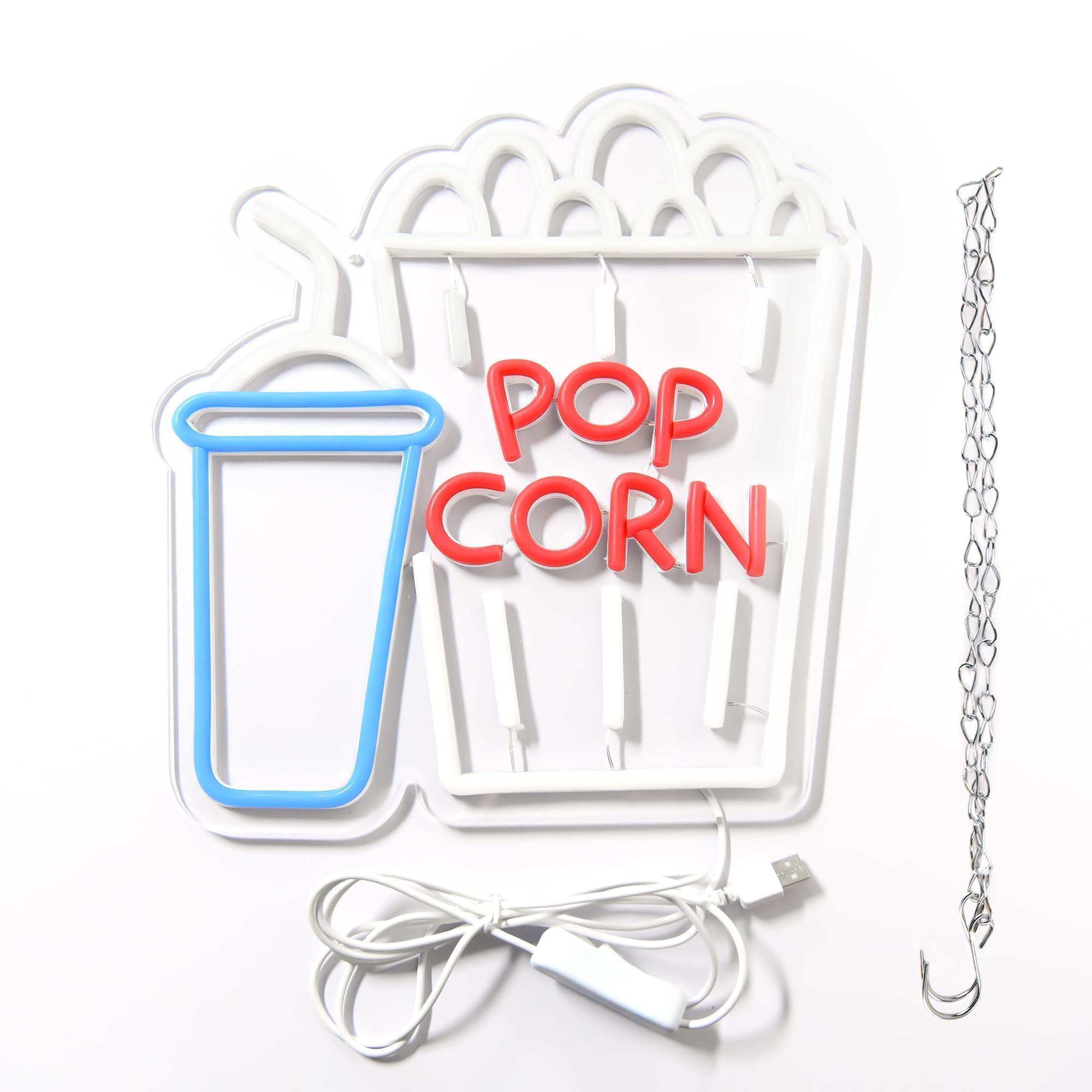 attneon Popcorn Neon Sign for Wall Decor, LED Light, 16.1x0.9in, Acrylic, Yellow/Blue/Red/White, Model JTLD080