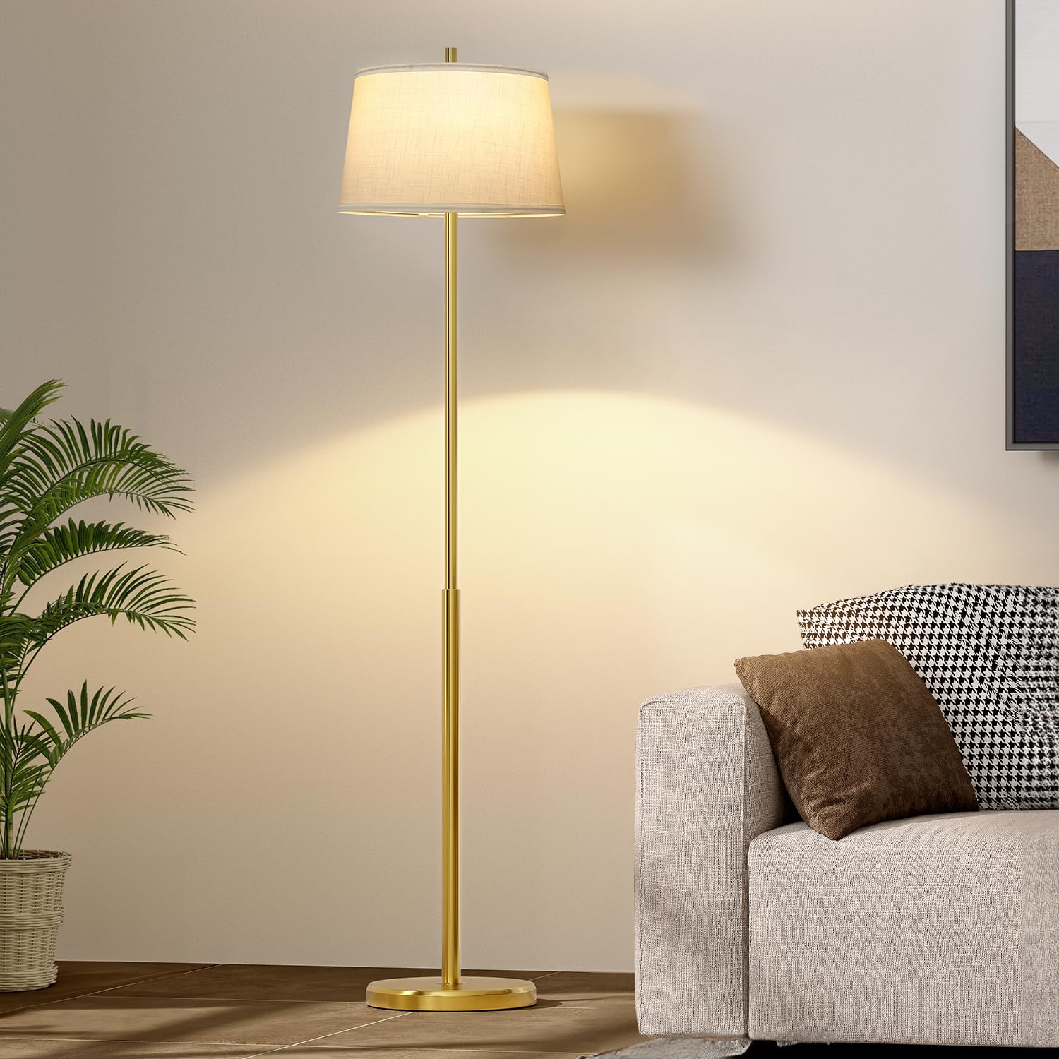 Oneach 61'' Floor Lamp For Living Room, Gold Modern Standing Lamp With White Linen Shade, Brass Tall Pole Light With Rotary Swit