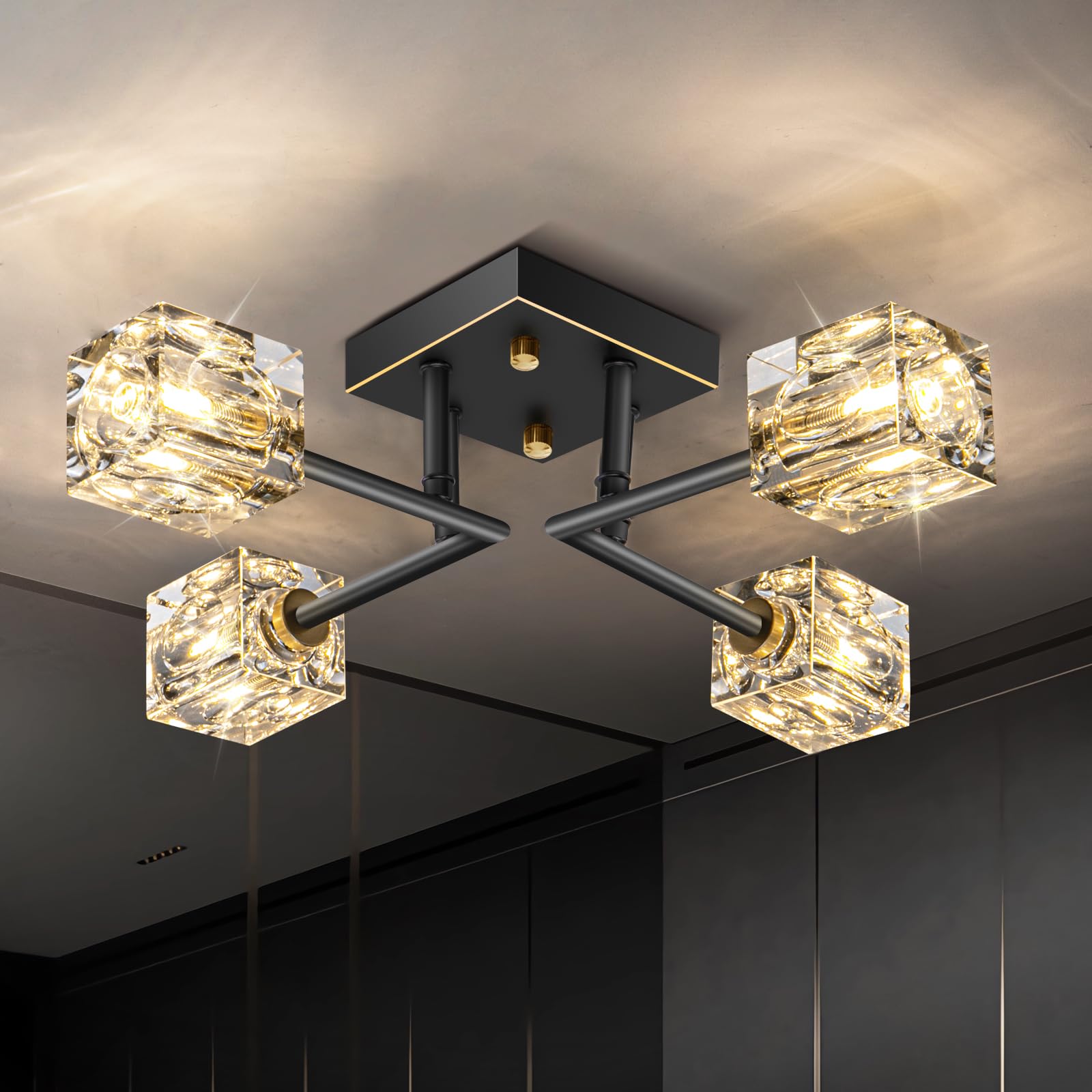 OKES Modern Crystal Ceiling Light,Semi Flush Mount Ceiling Light Fixture with 4-Lights,Black and Gold Sputnik Chandeliers for Be