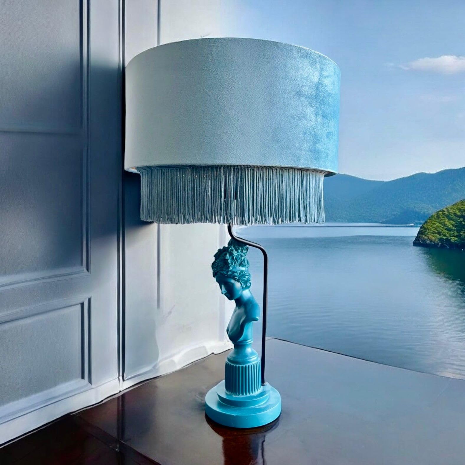 Tristan Home Premium Velvet Drum Lamp Shade With Fringe (Light Blue Small) 35Cmx35Cmx24Cm