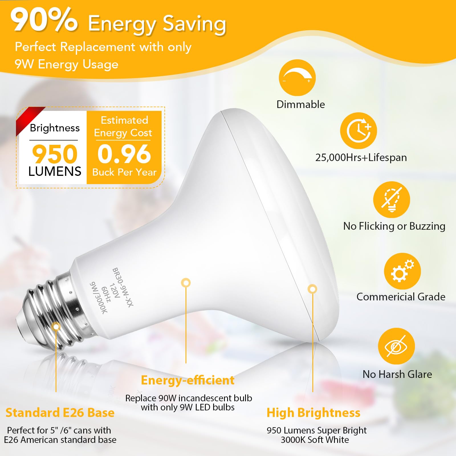 Maylaywood Br30 Led Light Bulbs Indoor Flood Light, 90W Equivalent, Dimmable, Soft White 3000K, 950Lm, E26 Base, 9W Led Recessed