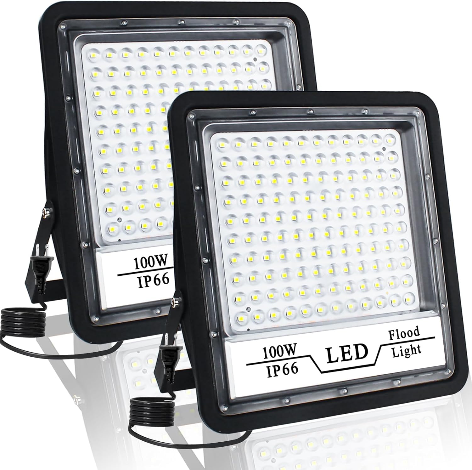 CREATESTAR 100W LED Flood Light Outdoor, IP66 Waterproof, 10000LM Bright, Black, Model CHX-FL-A, 2 Pack
