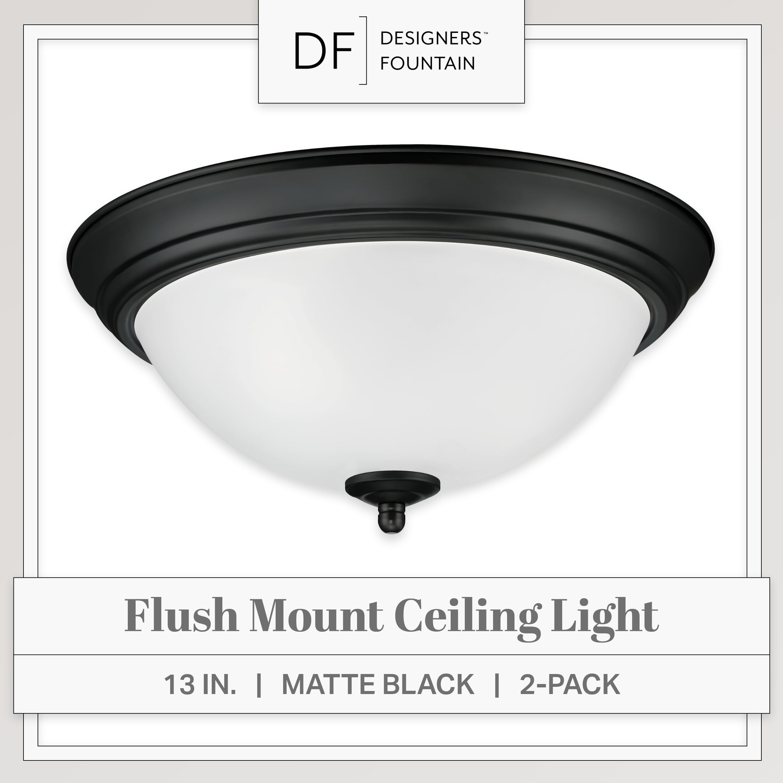 DESIGNERS FOUNTAIN 13 LED Flush Mount Ceiling Light, 2-Pack, Matte Black Frosted Glass Fixture for Kitchen, Bedroom, Bathroom, Hallway