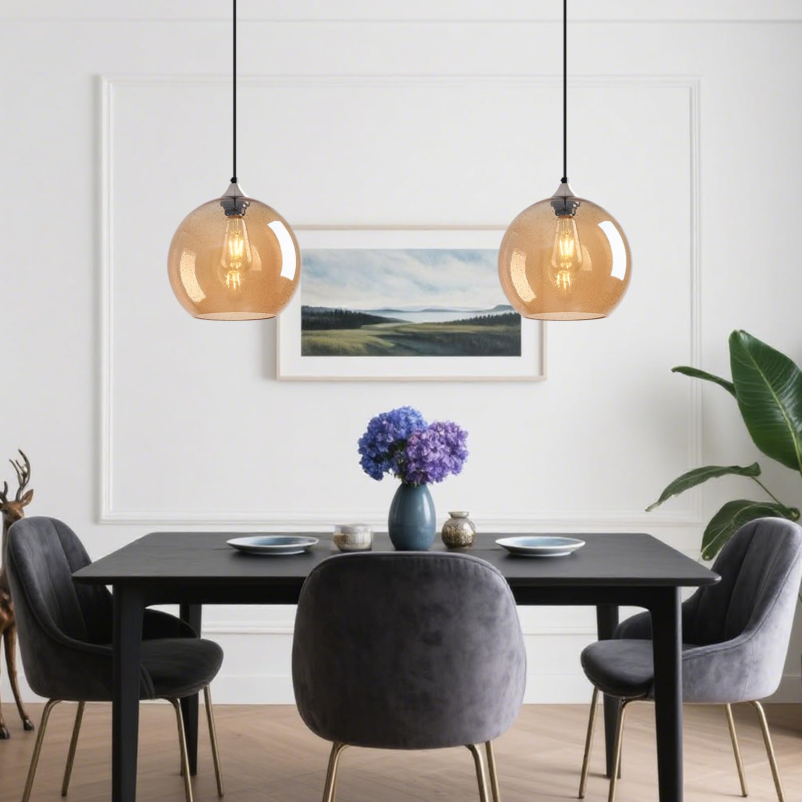 Lbsqj Amber Glass Pendant Lights Kitchen Island Globe Pendant Light Fixtures Modern Pendant Lighting For Bedroom Living Dining Room Light Fixture (9.84 In  3 Pack)