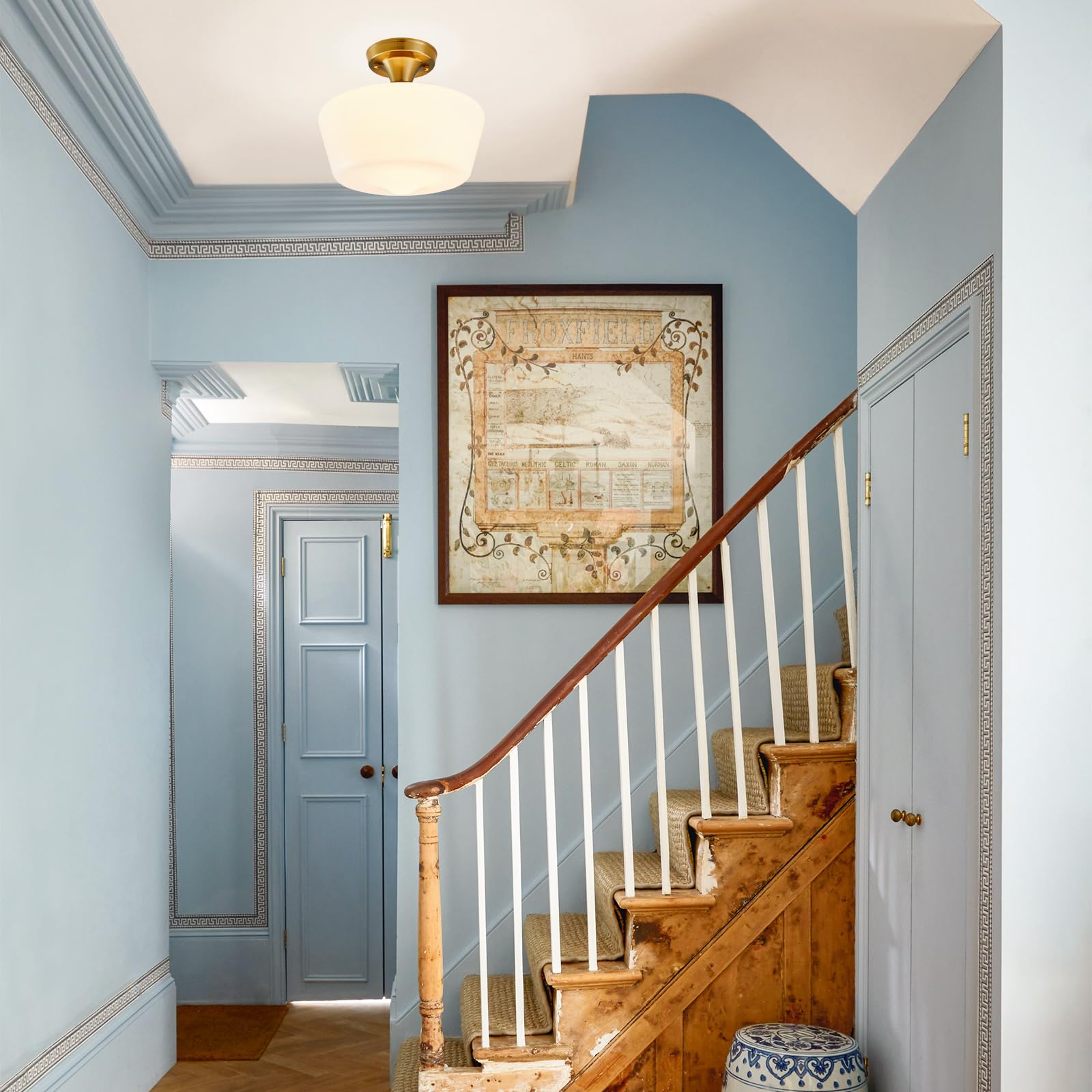 Youngrender Schoolhouse Light Fixture Modern Gold Ceiling Light,Semi Flush Mount Ceiling Light,12''Wide Opal Milk Glass Shade,Br