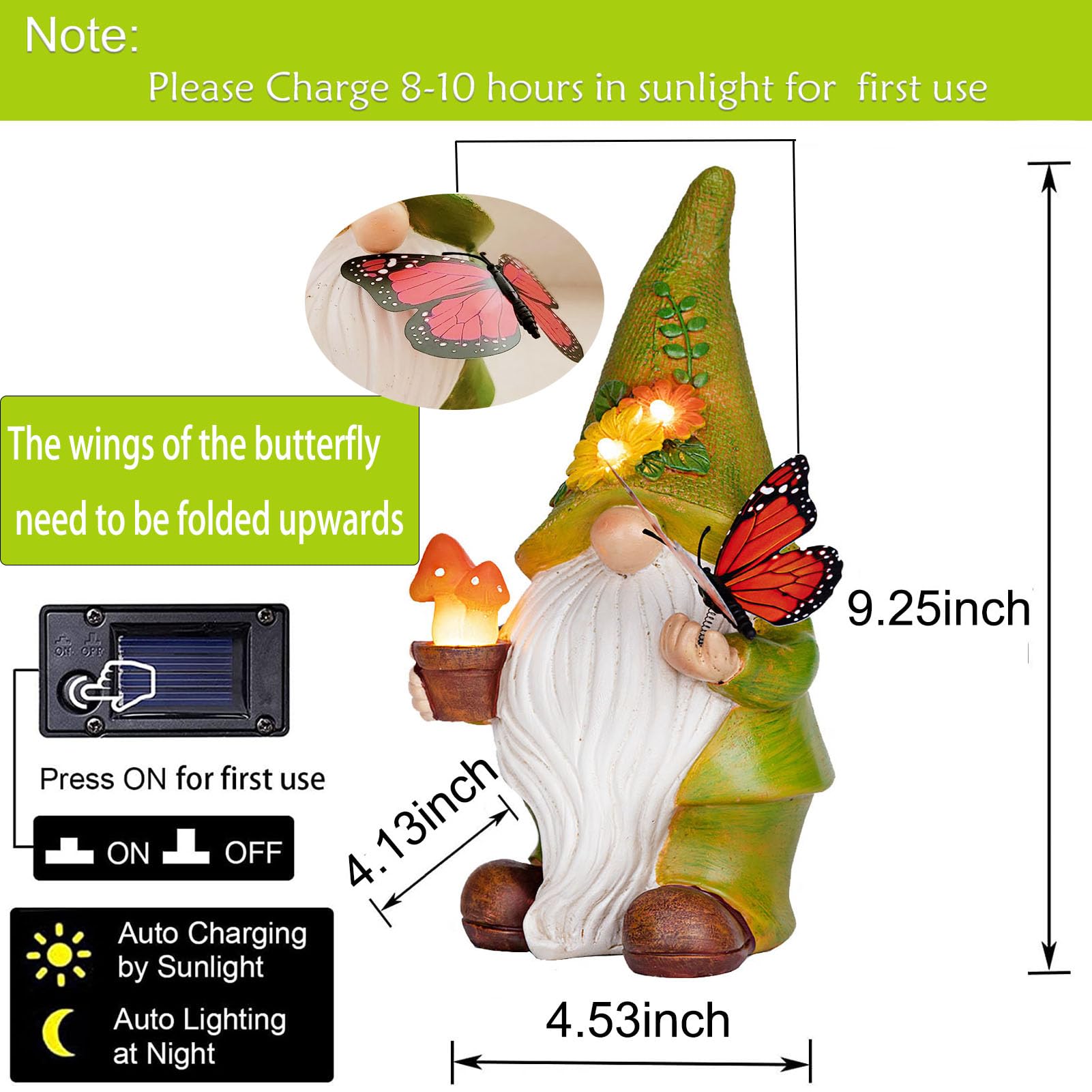 Foreby Garden Gnomes Outdoor Garden Decor-Resin Gnome With Solar Outdoor Lights Decorative Mushroom And Vivid Butterfly Spring Gnomes Decorations For Yard Decor,Gardening Gifts For Women