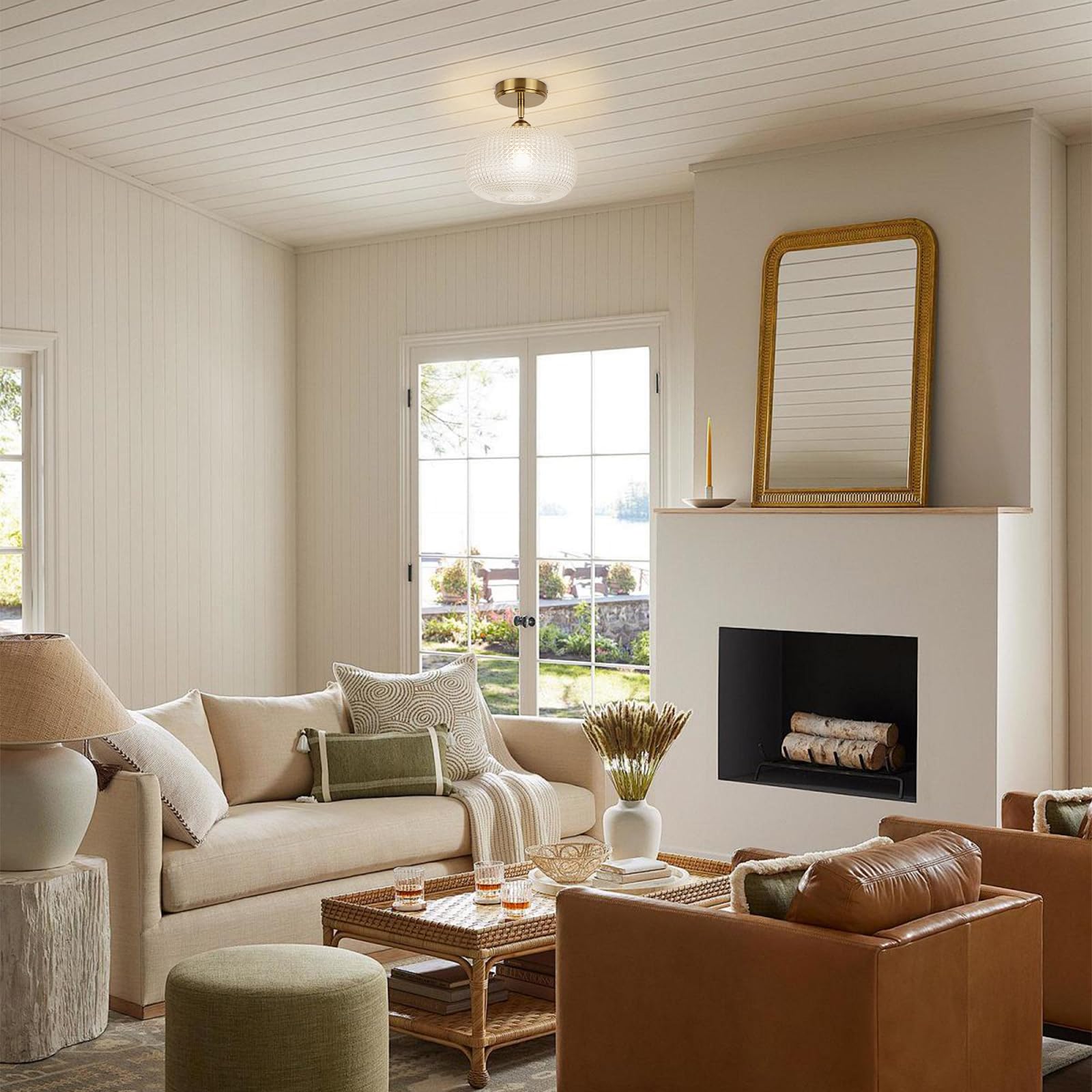 Clarsyne Glass Semi Flush Mount Ceiling Light Fixture, Gold Vintage Globe Lamp, Sloped Ceiling Adaptable, For Hallway, Kitchen,