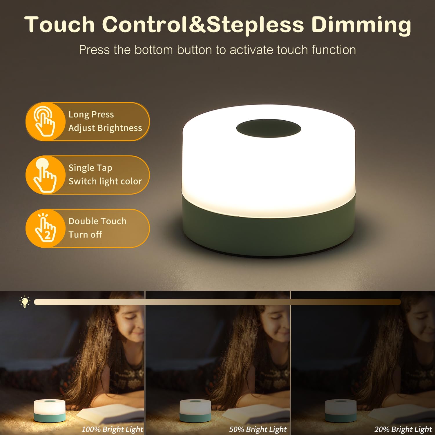JUSHENG Rechargeable Baby Night Light LED Lamp, Dimmable, 3 Color Temperatures, Portable, Green, Model CG0025GR