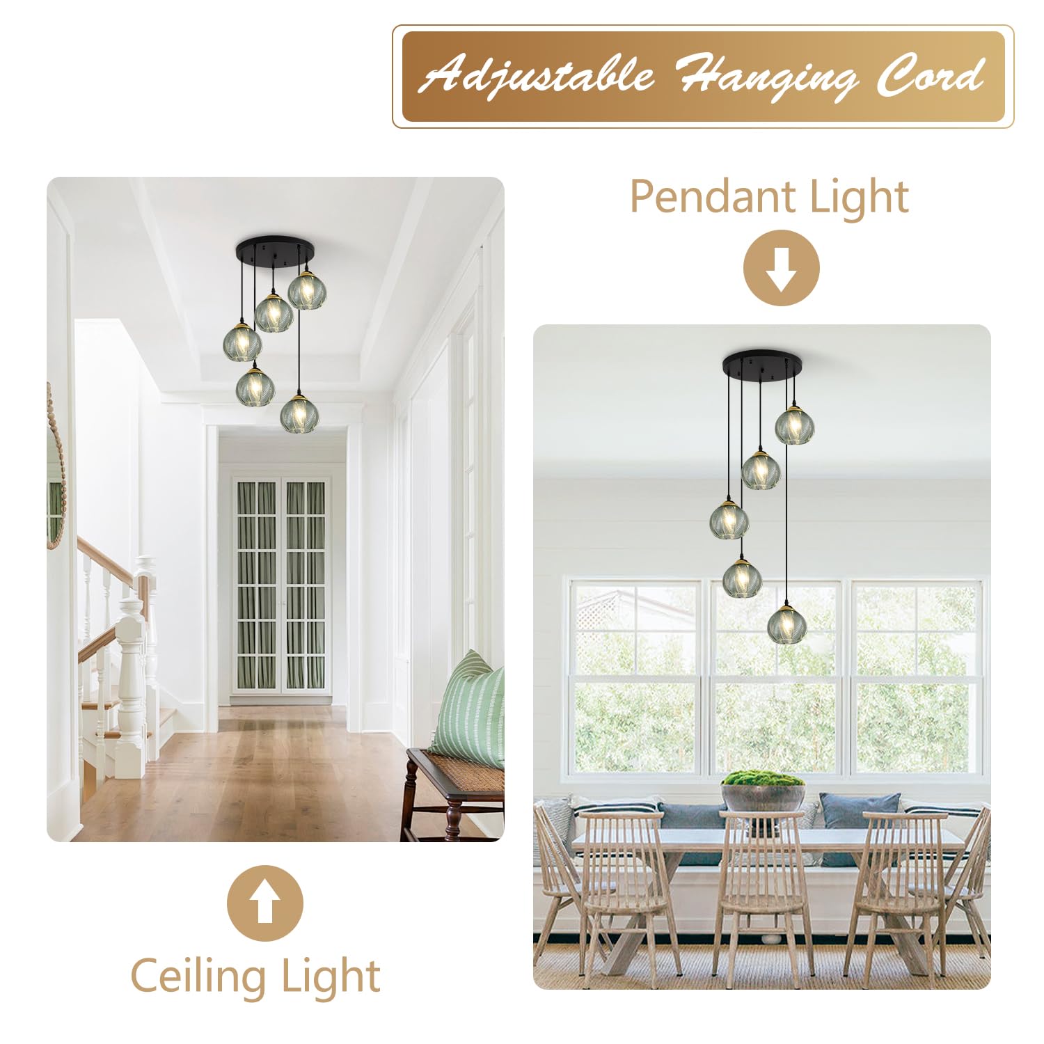 KCO Lighting 5-Light Cluster Pendant Light, Black Globe, Vintage Green Glass, Model L1170-G