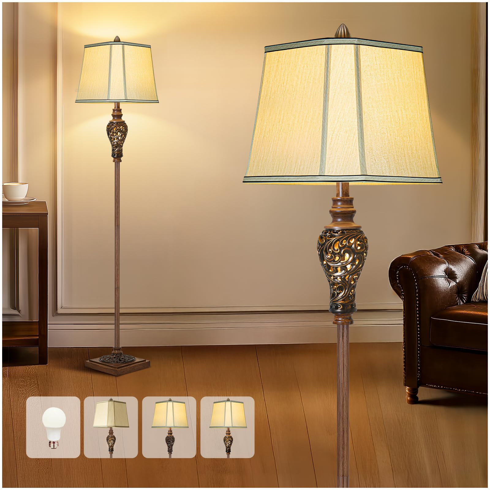Vintage Floor Lamp With Nightlight, 65'' Rustic Standing Lamp With Beige Faux Silk Shade, Farmhouse Style Design Tall Lamp Decor