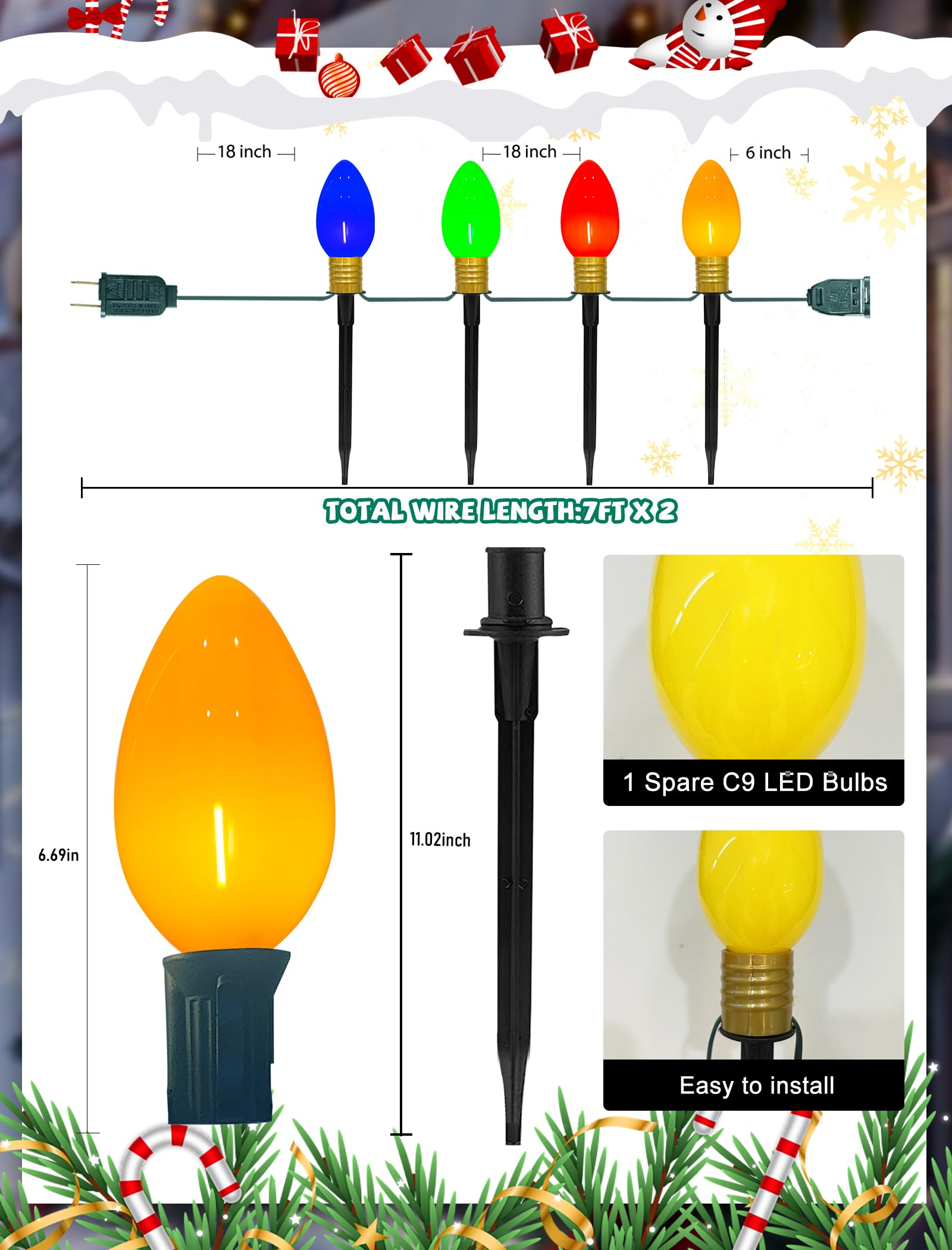 Konictom Christmas Lights Jumbo C9 Outdoor Decorations, 7Ft Multicolor String Lights, 2 Pack