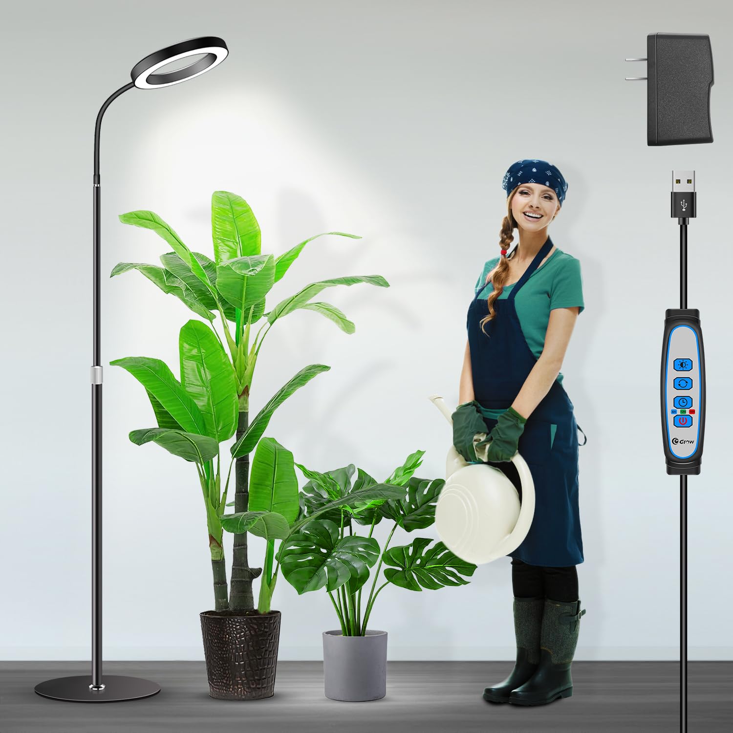 Garpsen Full Spectrum LED Grow Light for Indoor Plants, 67" Adjustable Height, 3 Color Modes, Black, Model BL-B20A