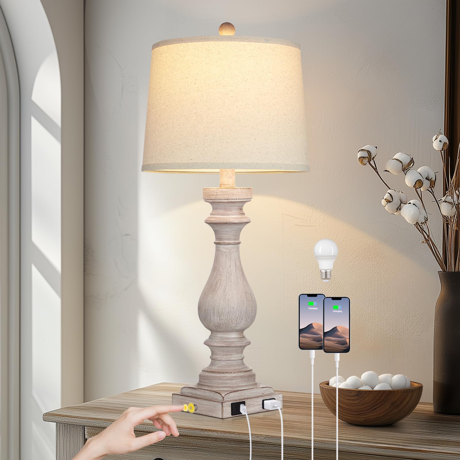 Rinweey 27.5'' Farmhouse Table Lamp For Living Room,Vintage Bedside Lamp With Usb C+A Ports & Ac Outlet,3-Way Dimmable Touch Con