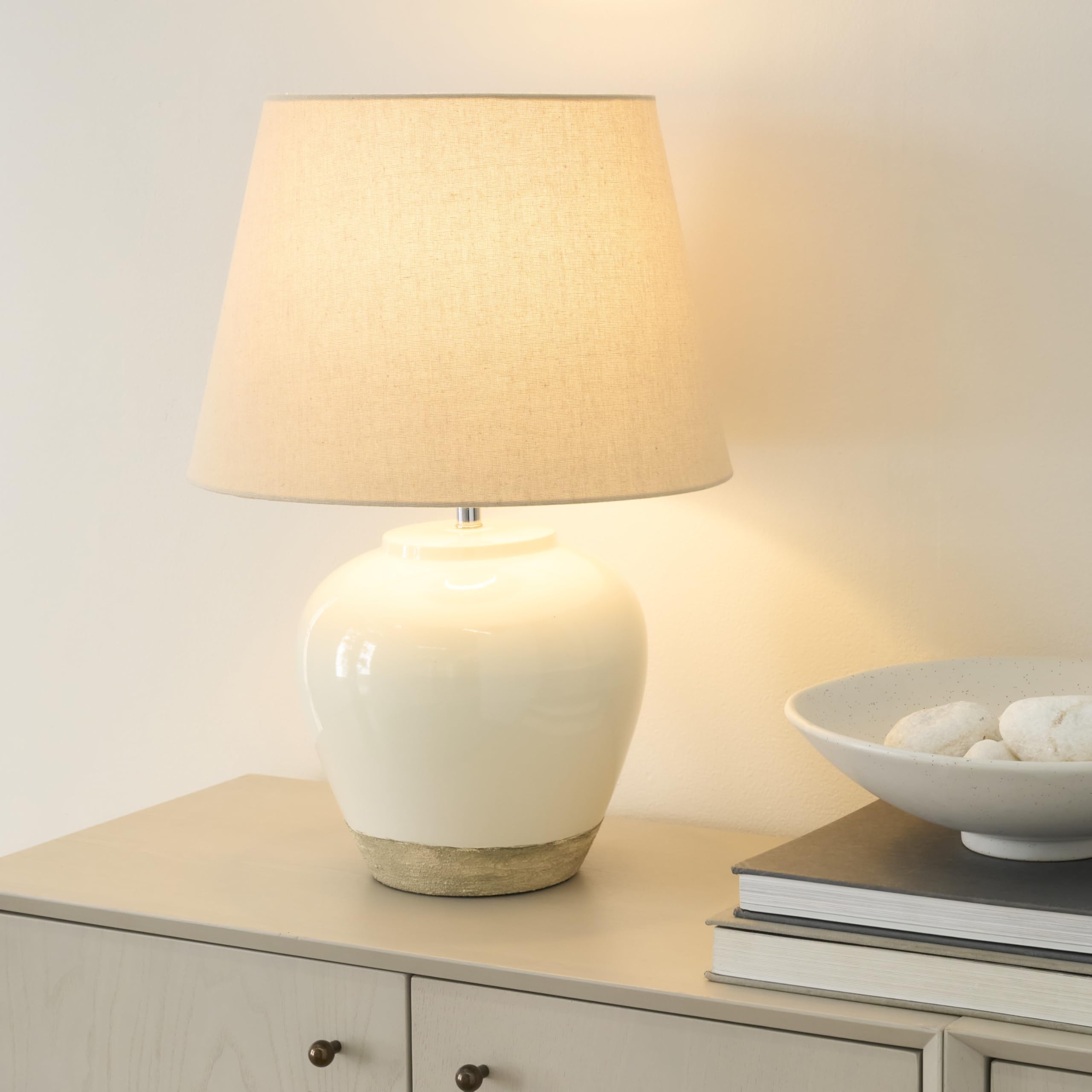 Nourison 20 White/Sand Ceramic Pot Table Lamp for Bedroom, Living Room, Console, Entryway - Farmhouse Style, Single