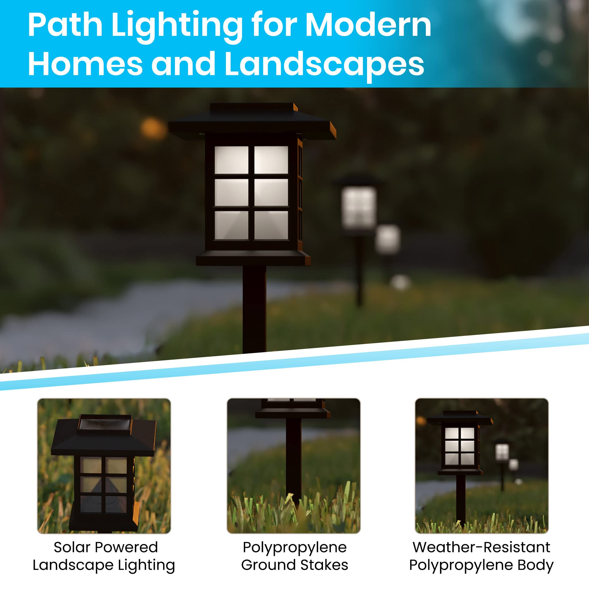 Flash Furniture Halsey Lantern Style Led Solar Lights - All-Weather Black Outdoor Solar Powered Lights - Landscape Lighting For Pathway, Garden, & Yard, 4X4X16, 8 Pack