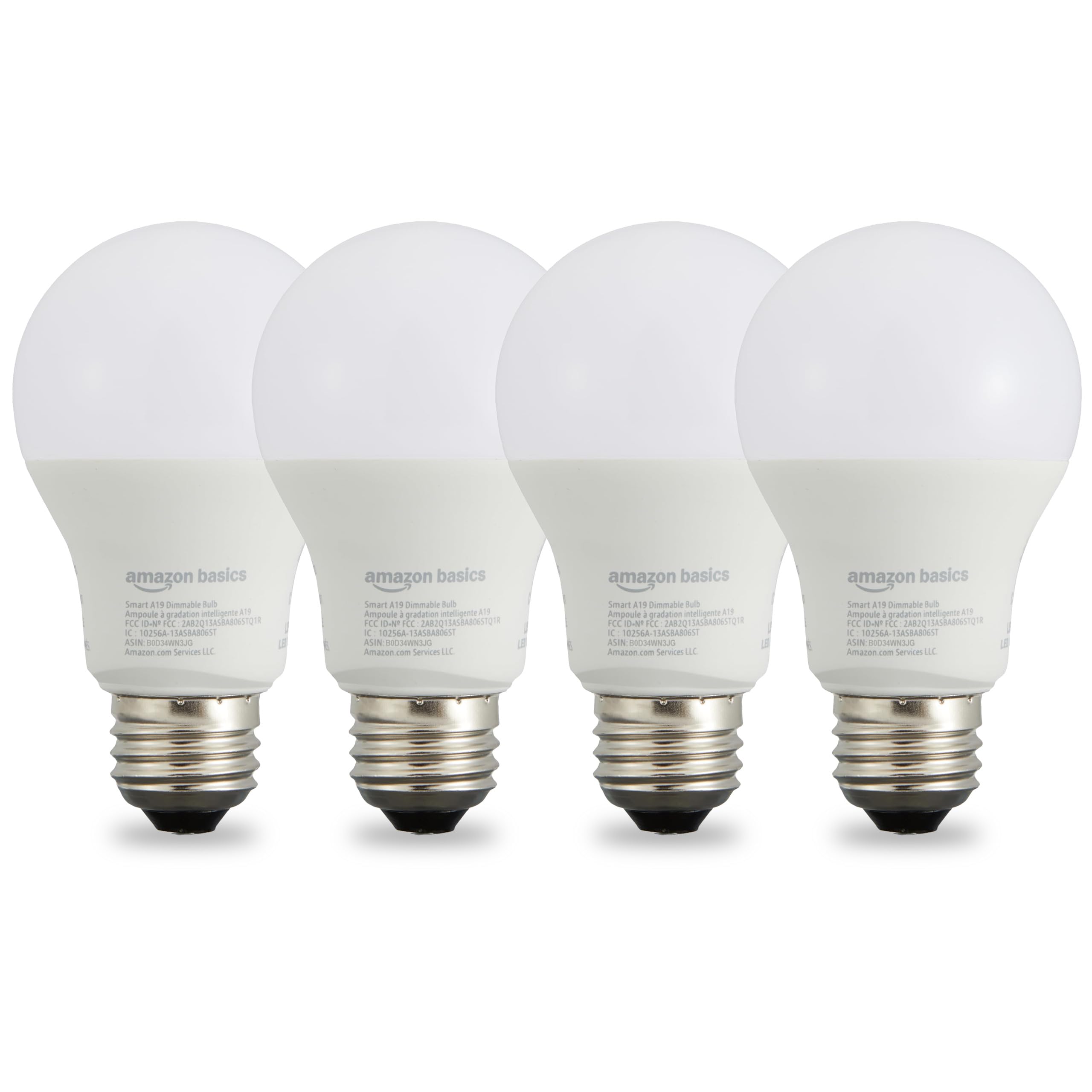 large online retailer Basics Smart A19 LED Light Bulb, Dimmable, 9W (60W Equivalent), 800LM, 4 Pack, Soft White, Works with Alexa, No Hub Required