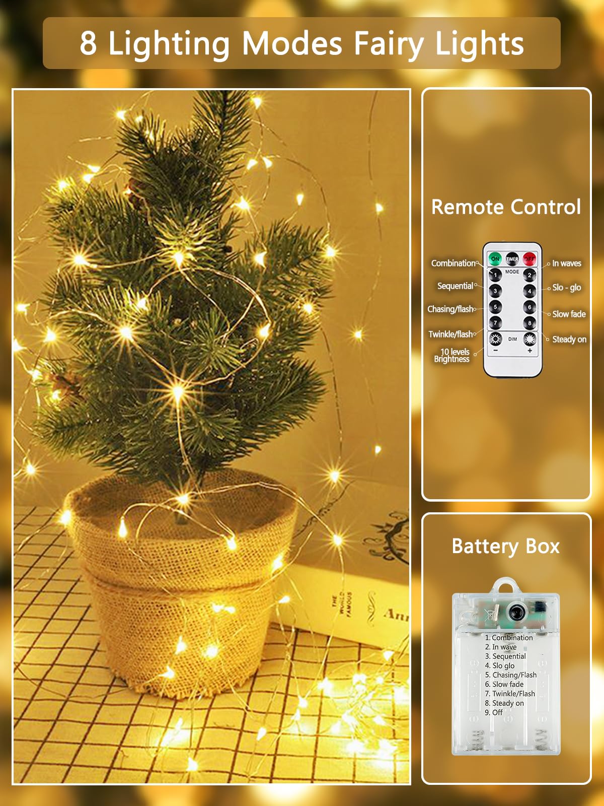 Yiqu 2 Pack Led Fairy Lights - Battery Operated, Remote Control, Timer, Warm White, Copper, 8 Modes For Indoor/Outdoor Décor