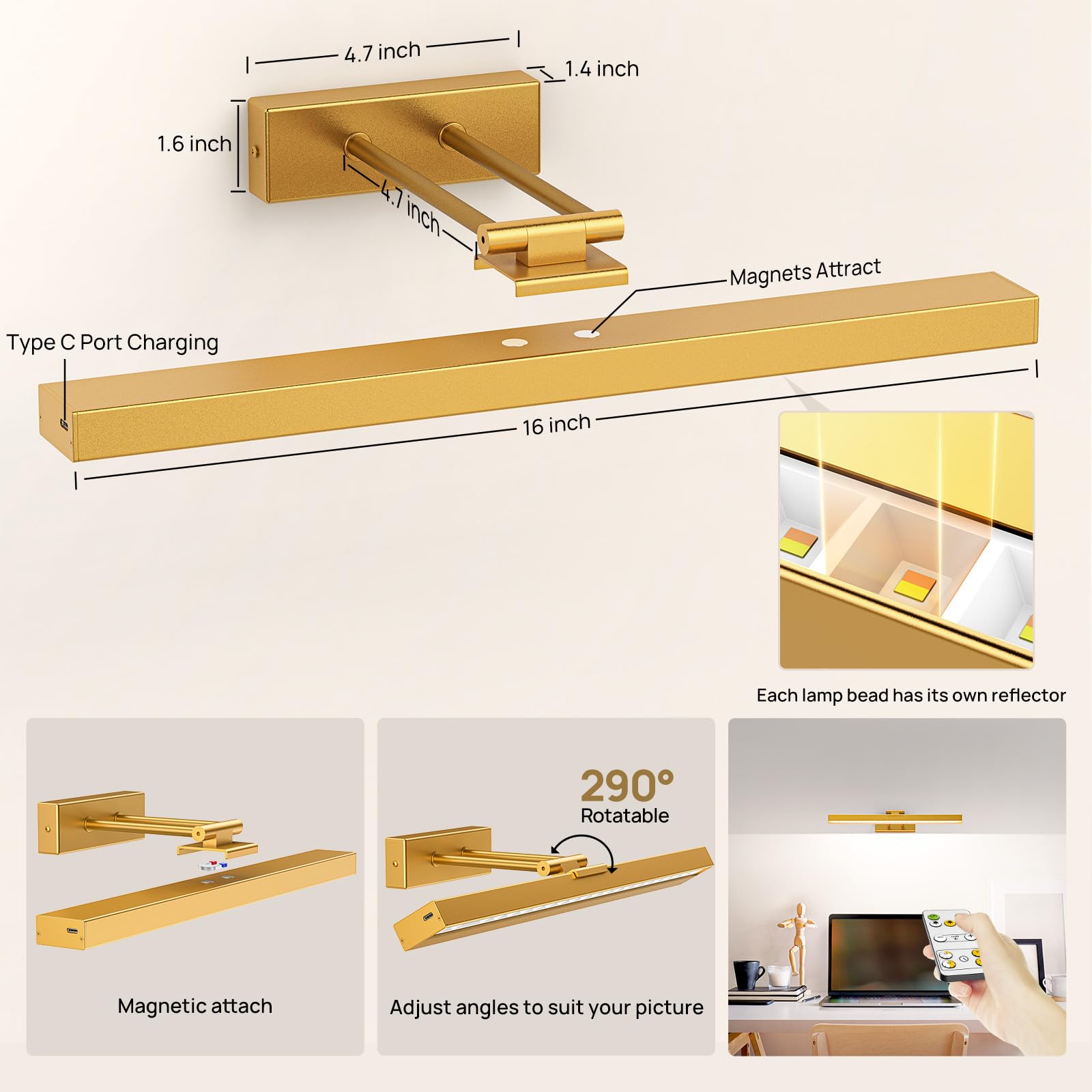 PESUTEN Picture Light, 16in Battery Operated, Dimmable with Remote, 2pcs Gold, Metal, Model PLHB1