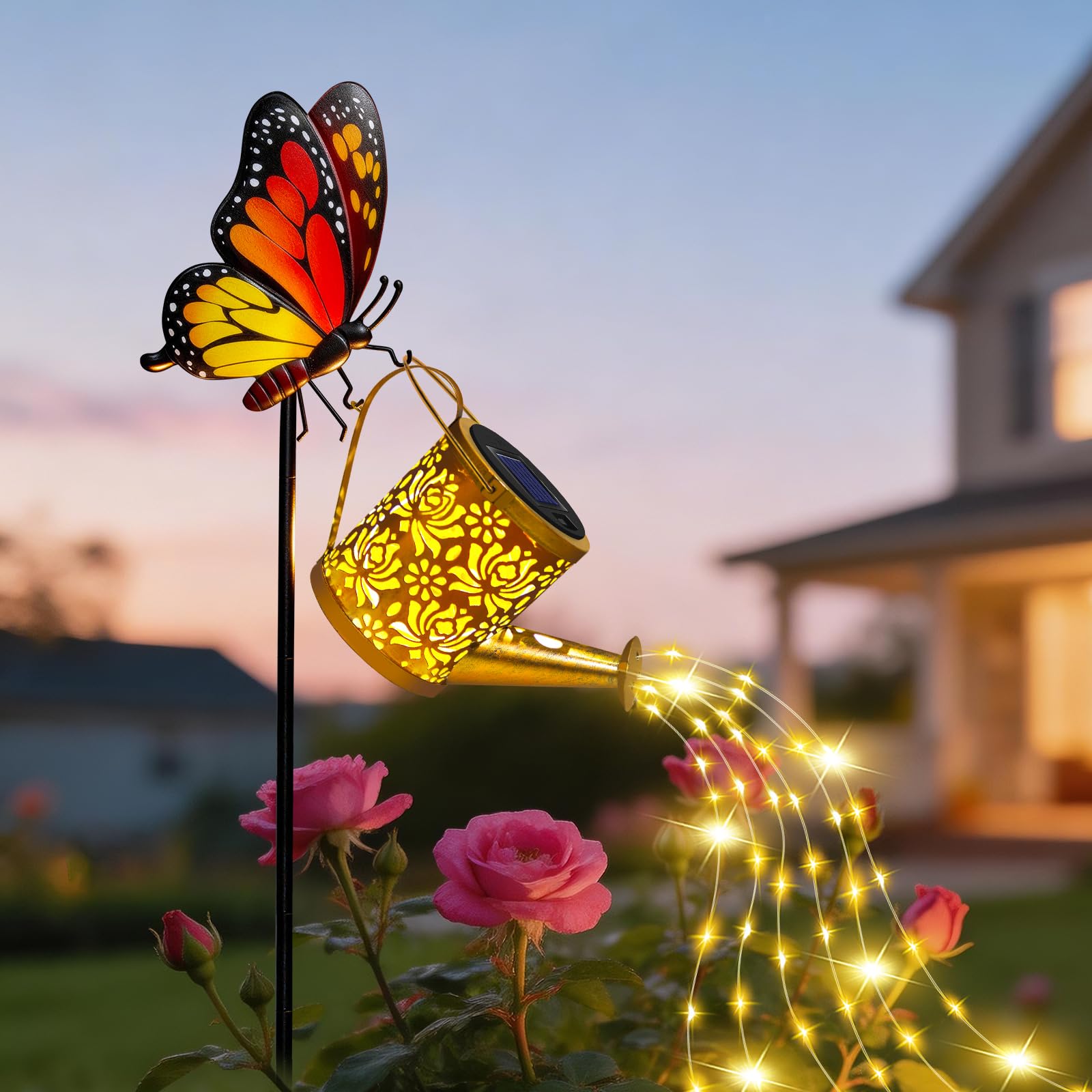 Mothers Day Gifts  Solar Lights Garden Decor  Waterproof Solar Watering Can with Butterfly Garden Stakes  Outdoor Light with Cascading Lights for Outside Patio Lawn Porch  Birthday Gift for Women