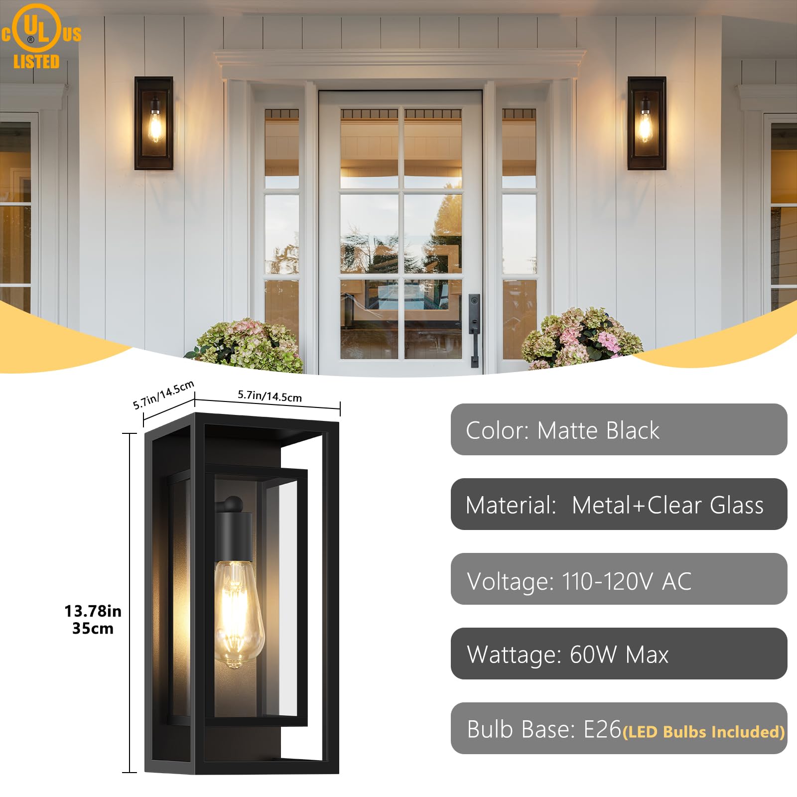 Feanron Outdoor Wall Lantern  Exterior Waterproof Black Porch Lights Wall Mounted  Sconces Wall Lighting With Clear Glass Shade  Anti-Rust 14H Outdoor Wall Lights For Front Door Patio Garage  2-Pack
