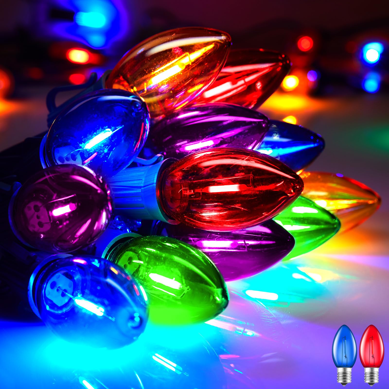Multicolor C7 Led Christmas String Lights, 25Ft C7 Vintage Christmas Lights With 26 Bulbs(1 Spare), Commercial Connectable Chris