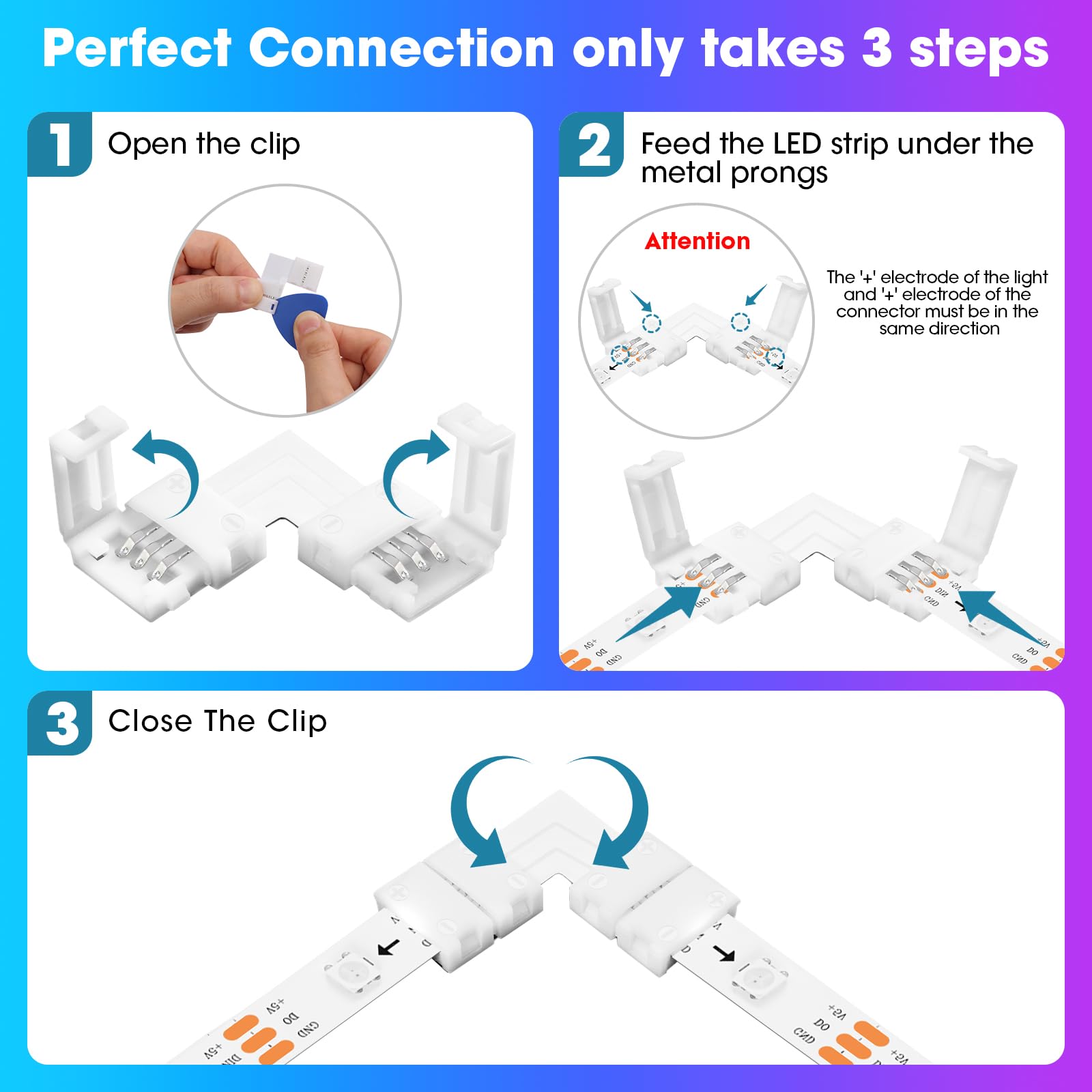 Wenhsin 10-Packs L Shape 3-Pin Led Connectors For Led Strip Lights 10Mm Width Unwired Gapless Solderless Adapter Extension
