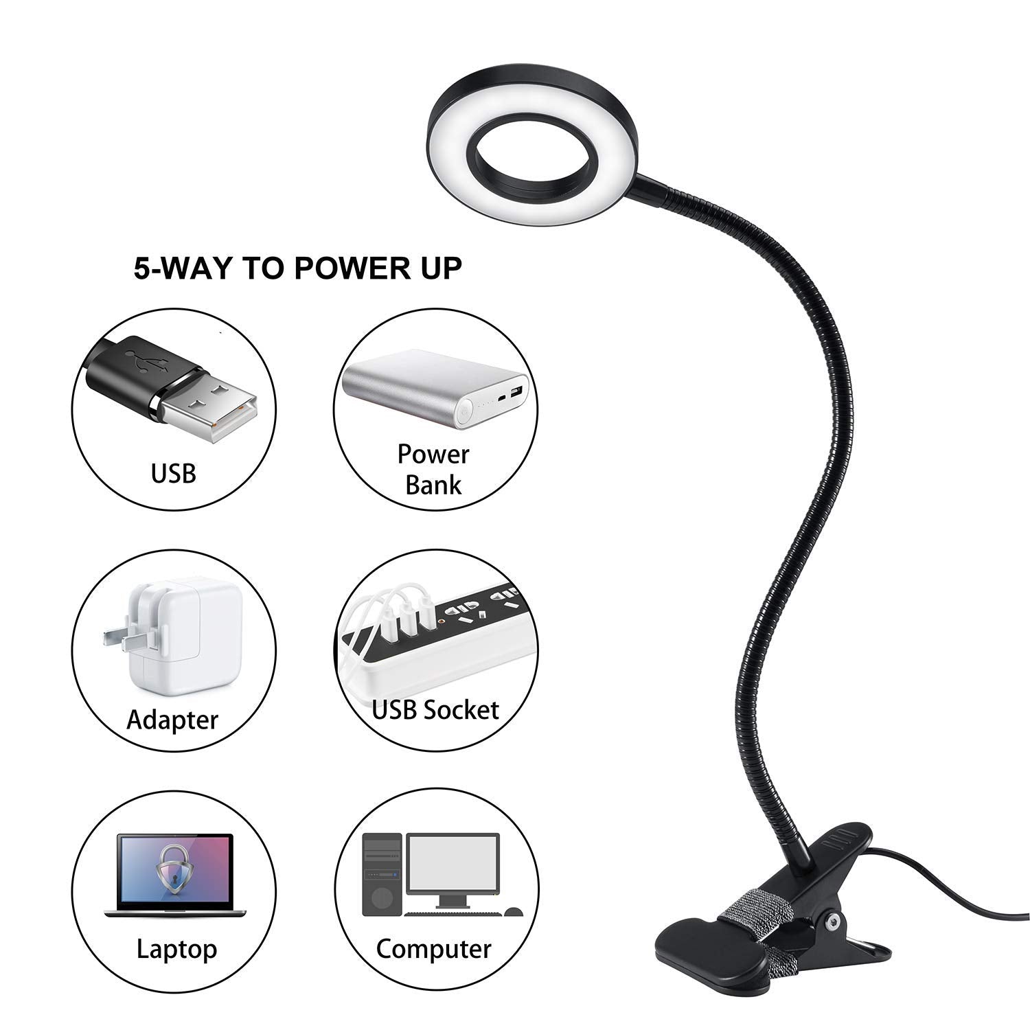 Qqappu Clip Light - 48 Led Clamp-On Desk Lamp, 3 Color Modes, 10 Brightness Levels, Flexible Gooseneck, Black