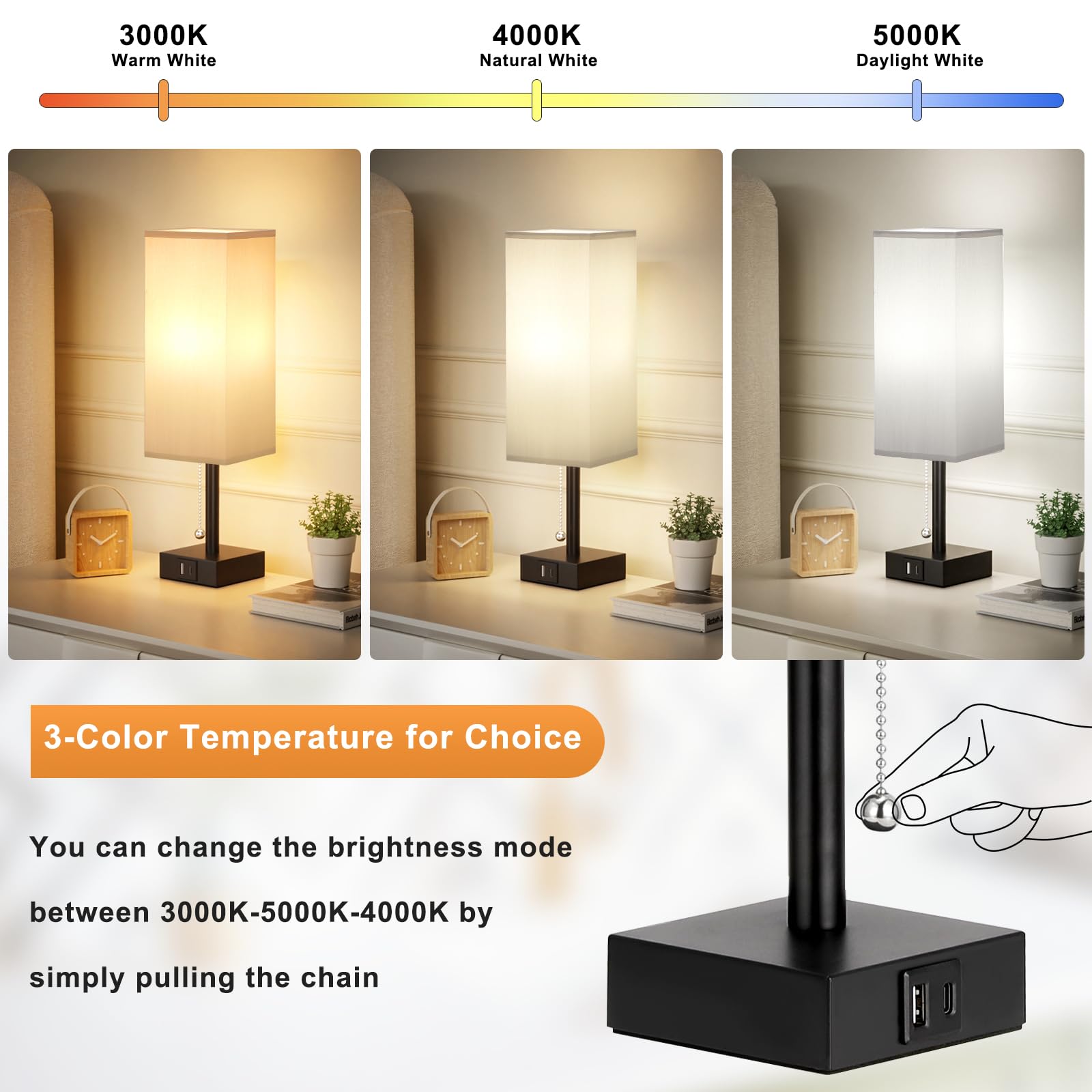 Bedside Table Lamps Set Of 2 - Grey Bedroom Lamps With 3 Color Temperatures (3000K/5000K/4000K), Two Square Nightstand Lamps Wit