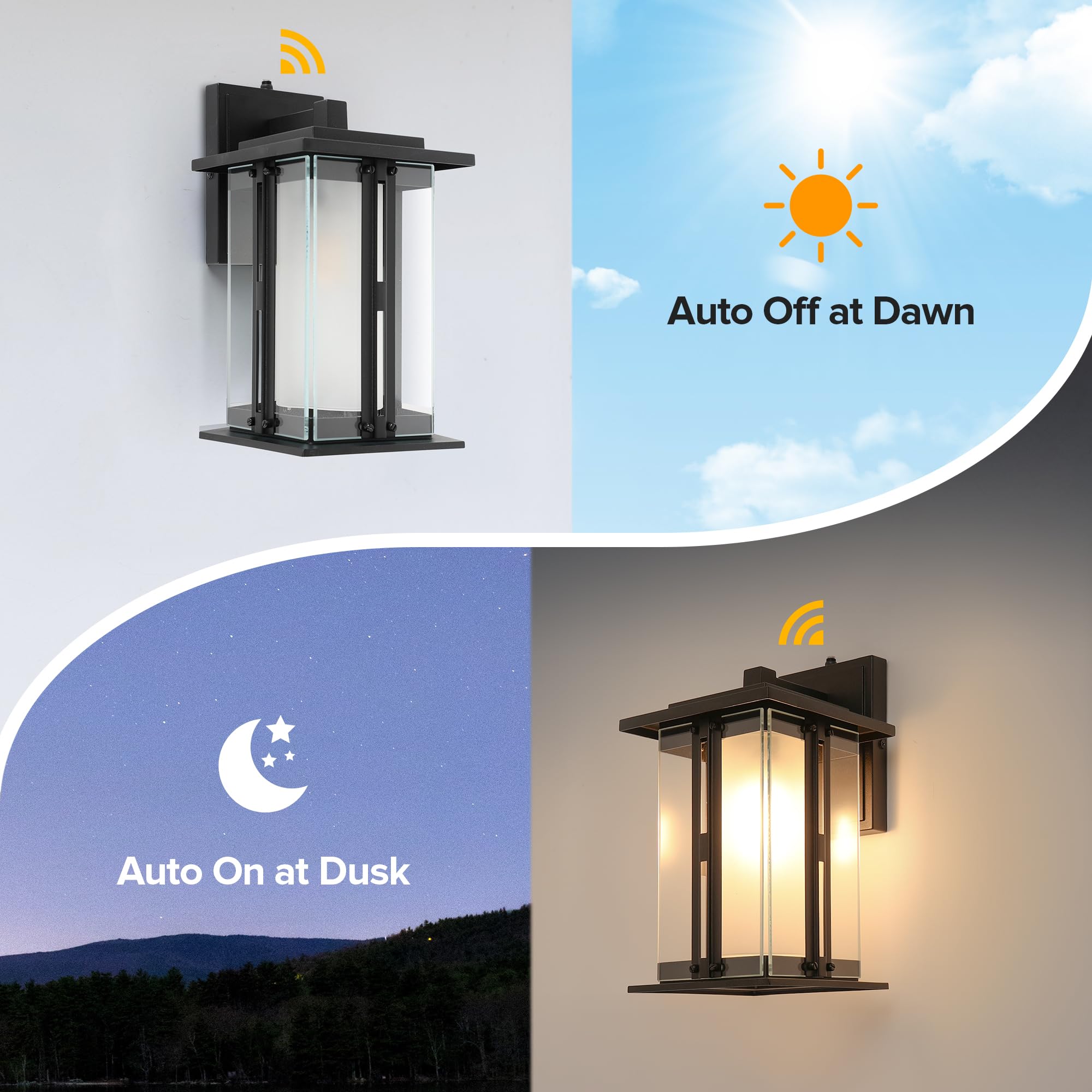 LUTEC 13" Dusk to Dawn Outdoor Wall Sconce, Black Aluminum, Waterproof Craftsman Light Fixture, E26 Base, Pack of 2