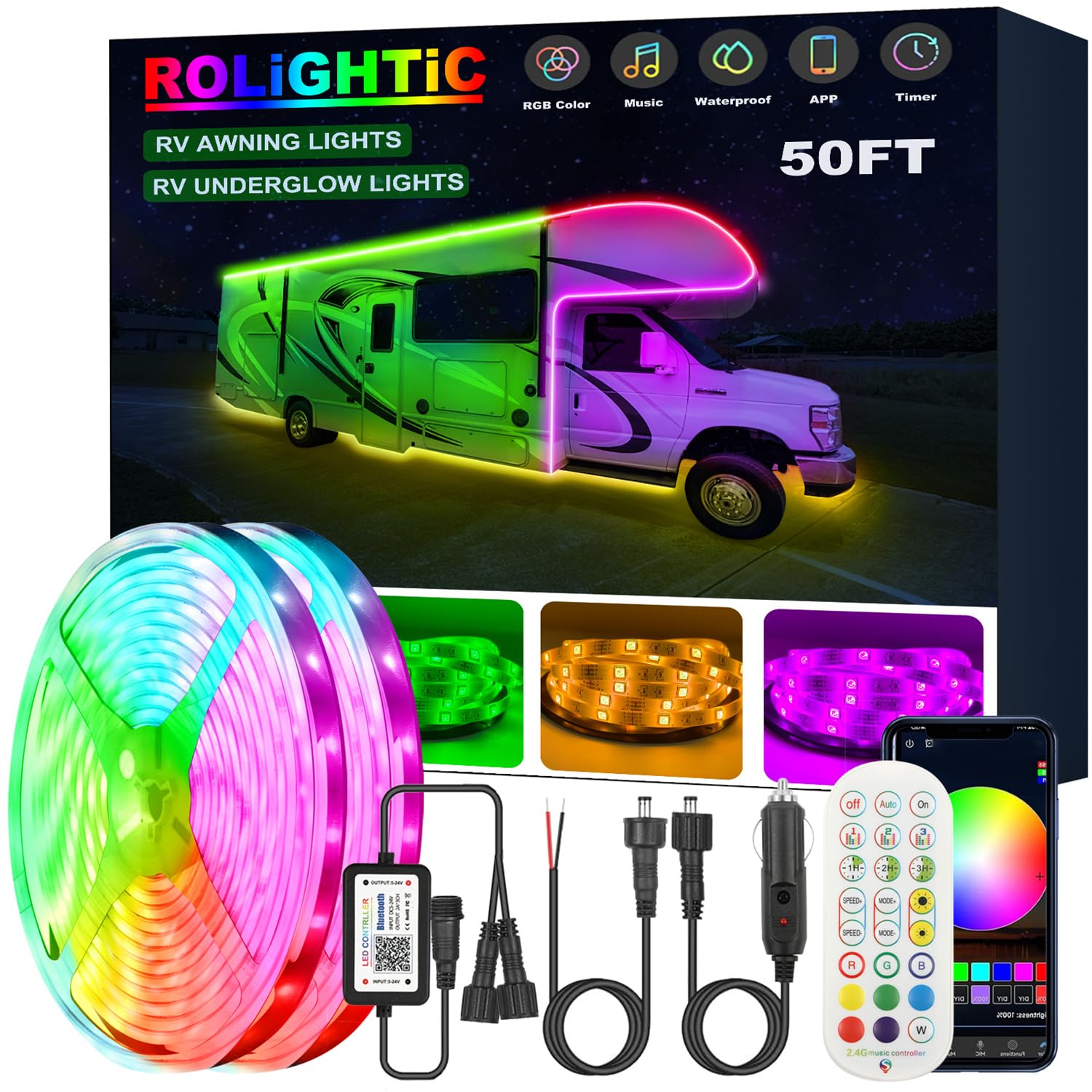 ROLiGHTiC 50FT RV Awning Lights Strip, 12V Multi-Color RV Underglow Led Lights, Camper Underbody Accent Lighting with APP RF Con