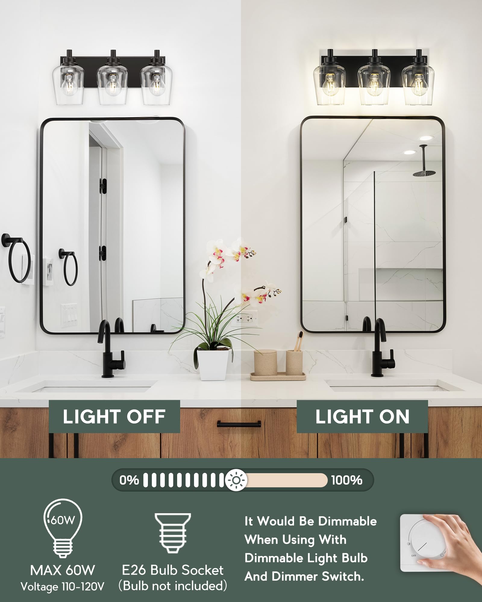 METWET 3-Light Bathroom Vanity Light, Modern Clear Glass Shades, Matte Black, Model VL155-MB-3