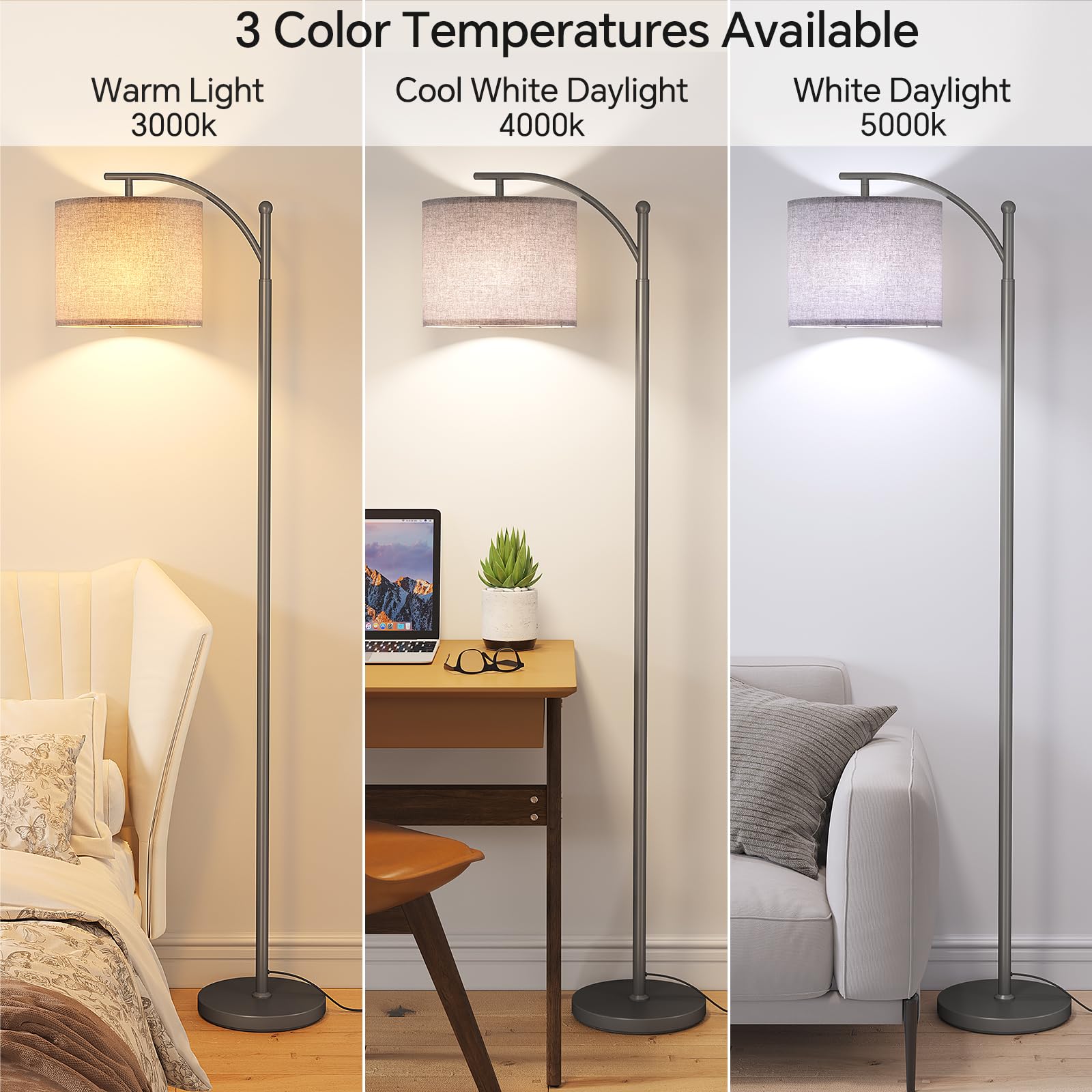 Sunmory Arc Floor Lamp,Modern Floor Lamp With 9W 3 Color Temperatures Bulb,Metal Standing Lamps With Adjustable Hanging Lampshad